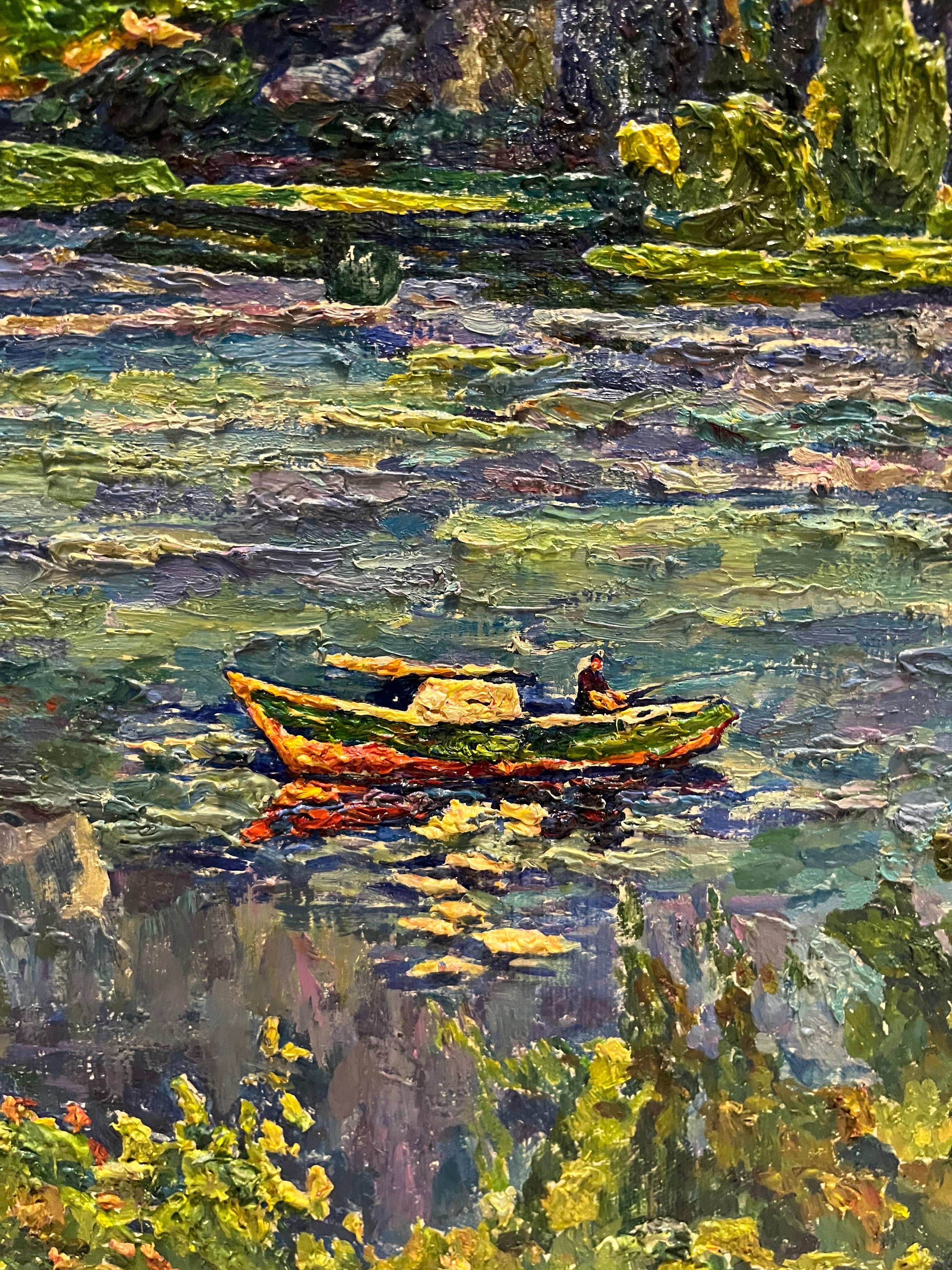 « Silver » lac, pêcheur, bateau, vert  Huile cm. 90 x 70  en vente 4