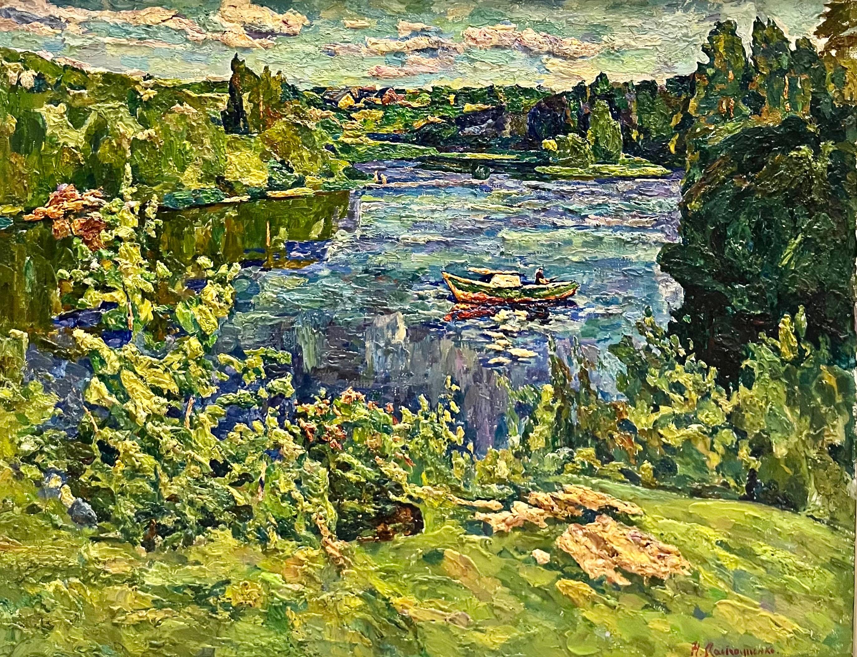 Landscape Painting Nikolai Latyshenko - « Silver » lac, pêcheur, bateau, vert  Huile cm. 90 x 70 