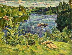 "Silence" Lake, Fisherman, Boat, Green  Oil cm. 90 x 70 