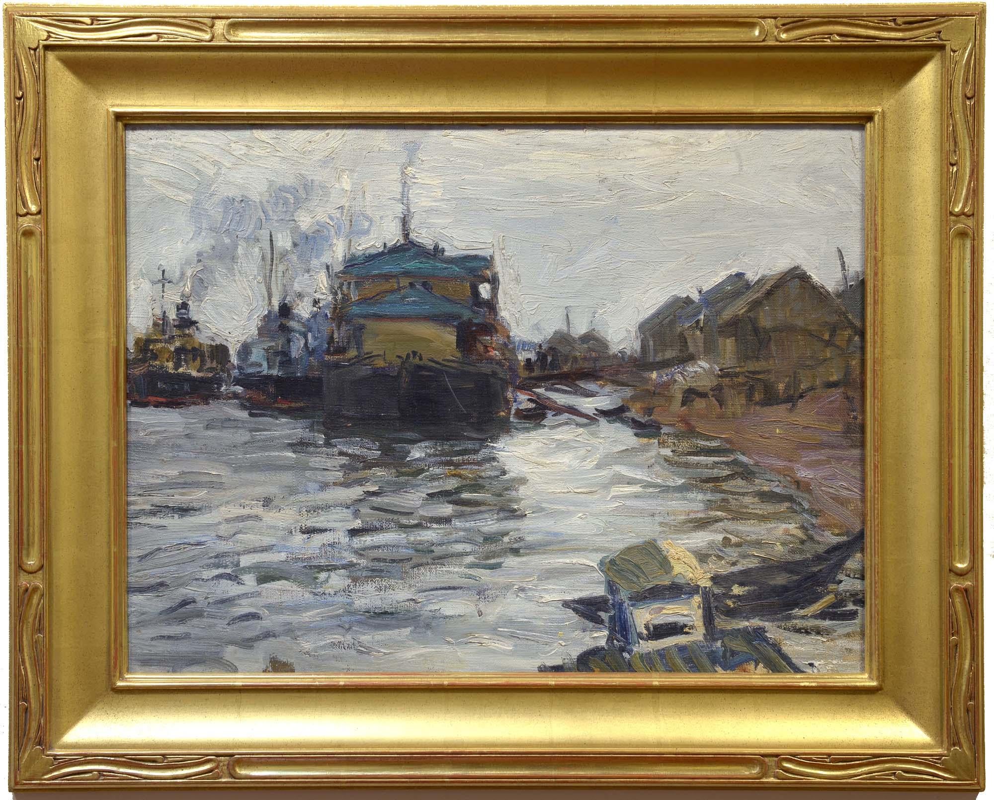 Wharf on the River Volga, oil on canvas, Russian Impressionist - Painting by Nikolai Matsedonsky
