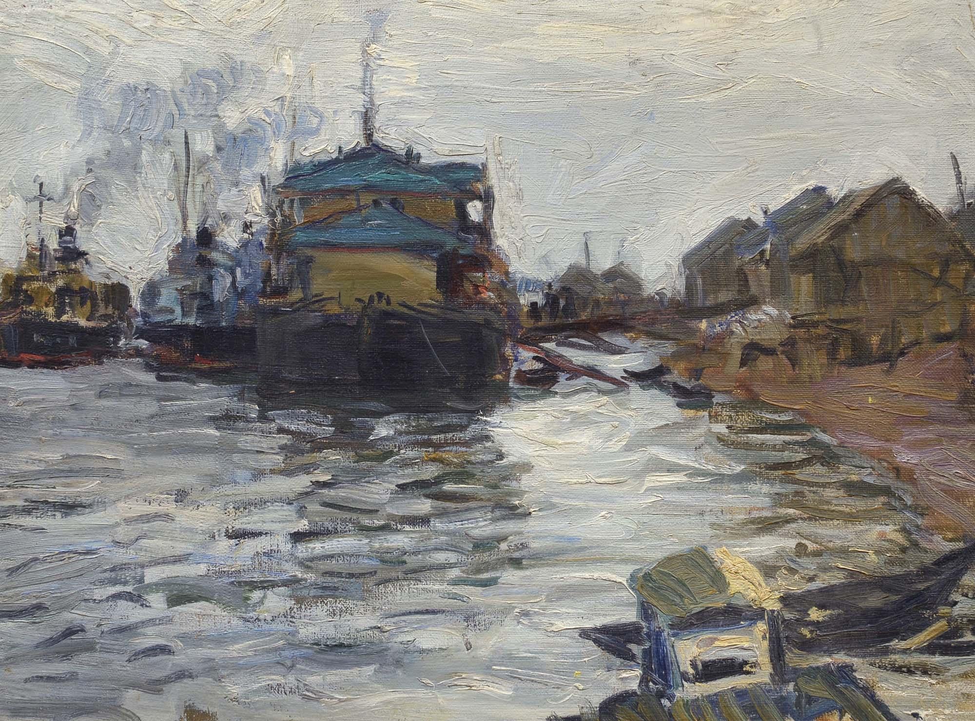 Landscape Painting di Nikolai Matsedonsky - Molo sul fiume Volga, olio su tela, Impressionista russo