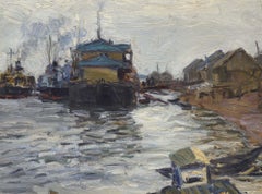 Vintage Wharf on the River Volga, oil on canvas, Russian Impressionist