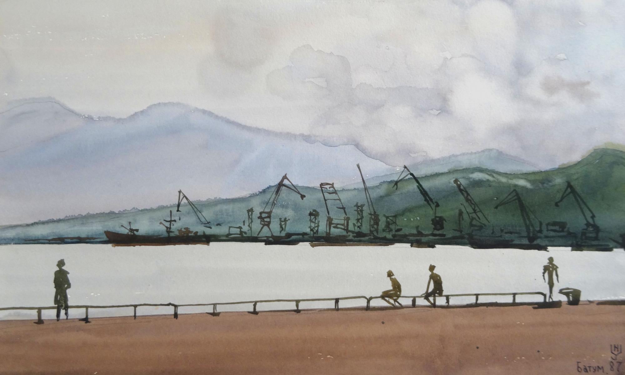 Nikolai Uvarov  Landscape Painting - Batumi. View of the harbor  1987, paper, watercolor, 18.5x30.5 cm