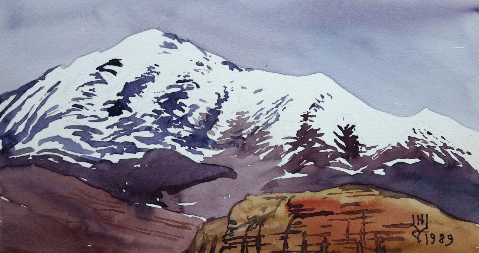 Nikolai Uvarov  Landscape Painting - Mountains  1989. Paper, watercolor, 11x21 cm