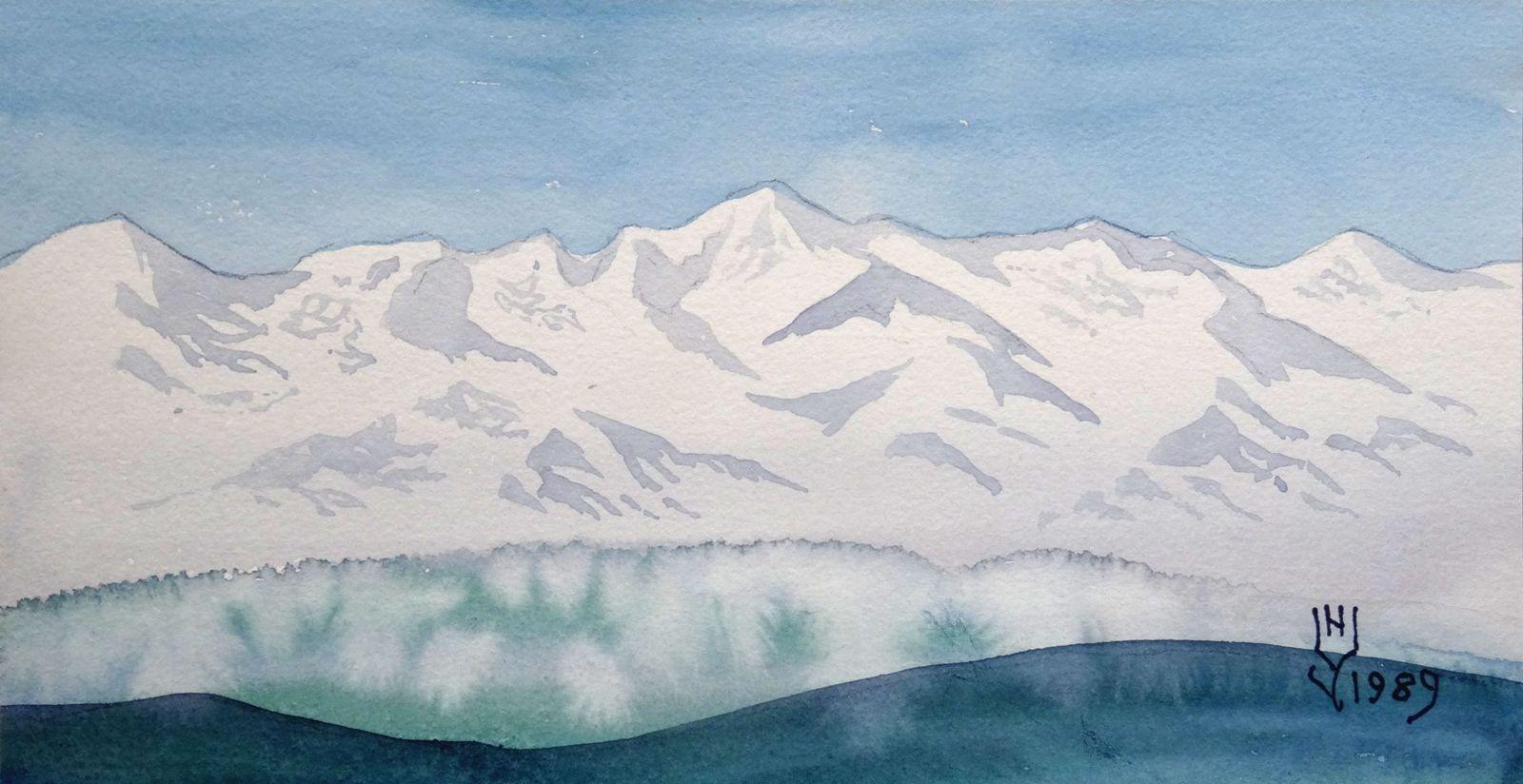 Nikolai Uvarov  Landscape Art - Mountains  1989. Paper, watercolor, 11x21 cm