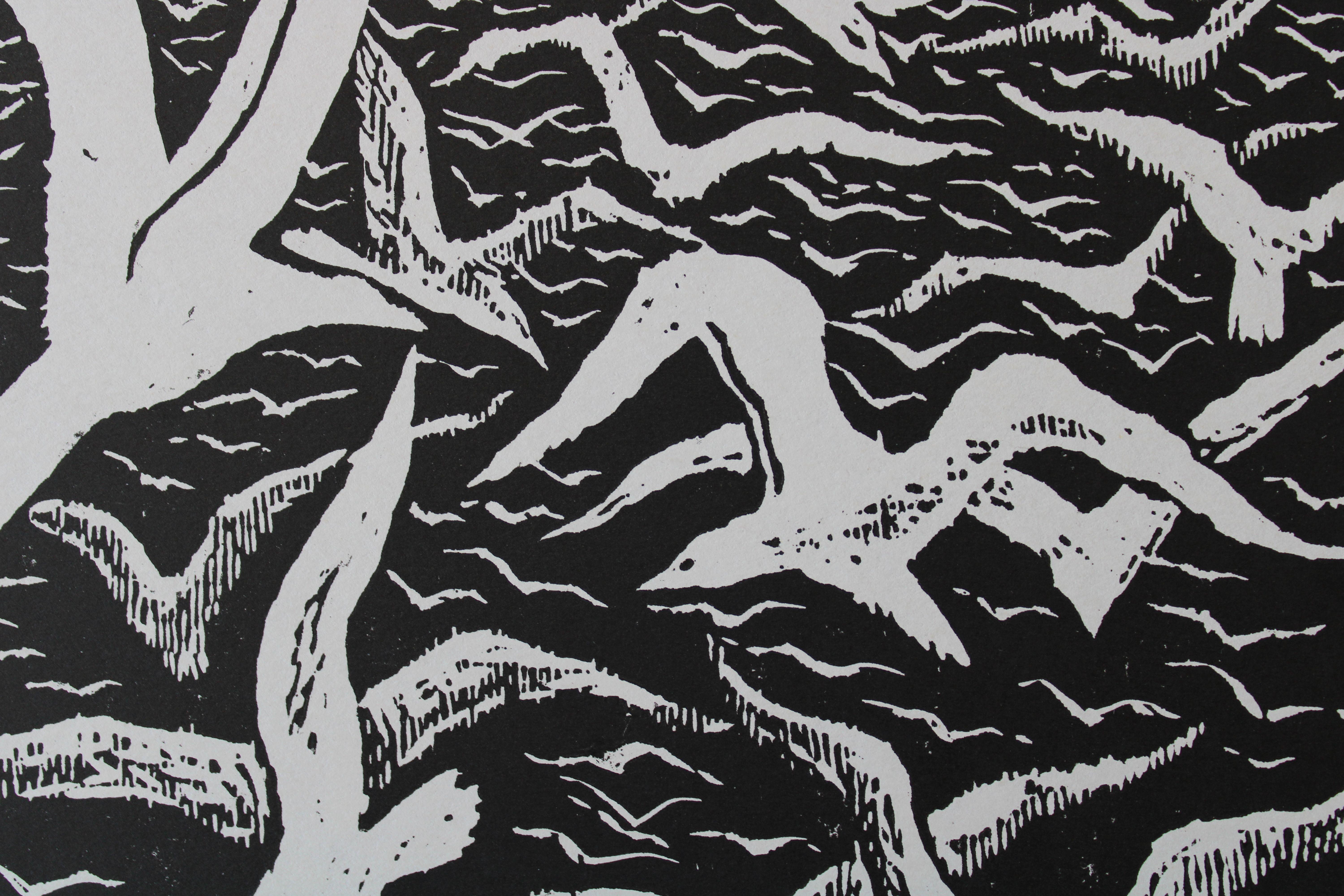 Ein Möwen namens Jonathan  1973. Papier, Linolschnitt, 32x30 cm (Surrealismus), Print, von Nikolai Uvarov 