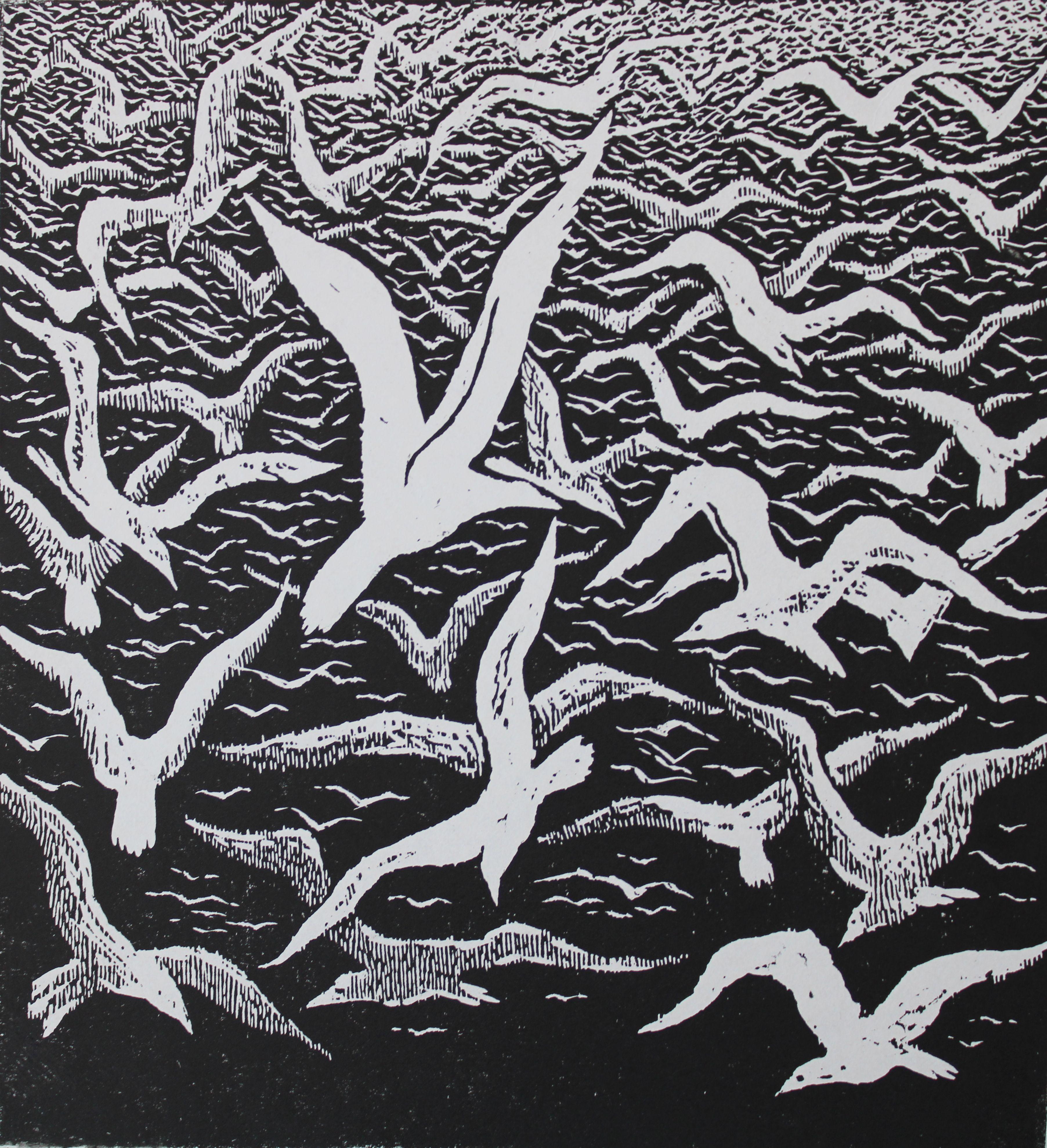 Nikolai Uvarov  Animal Print - A seagull named Jonathan  1973. Paper, linocut, 32x30 cm