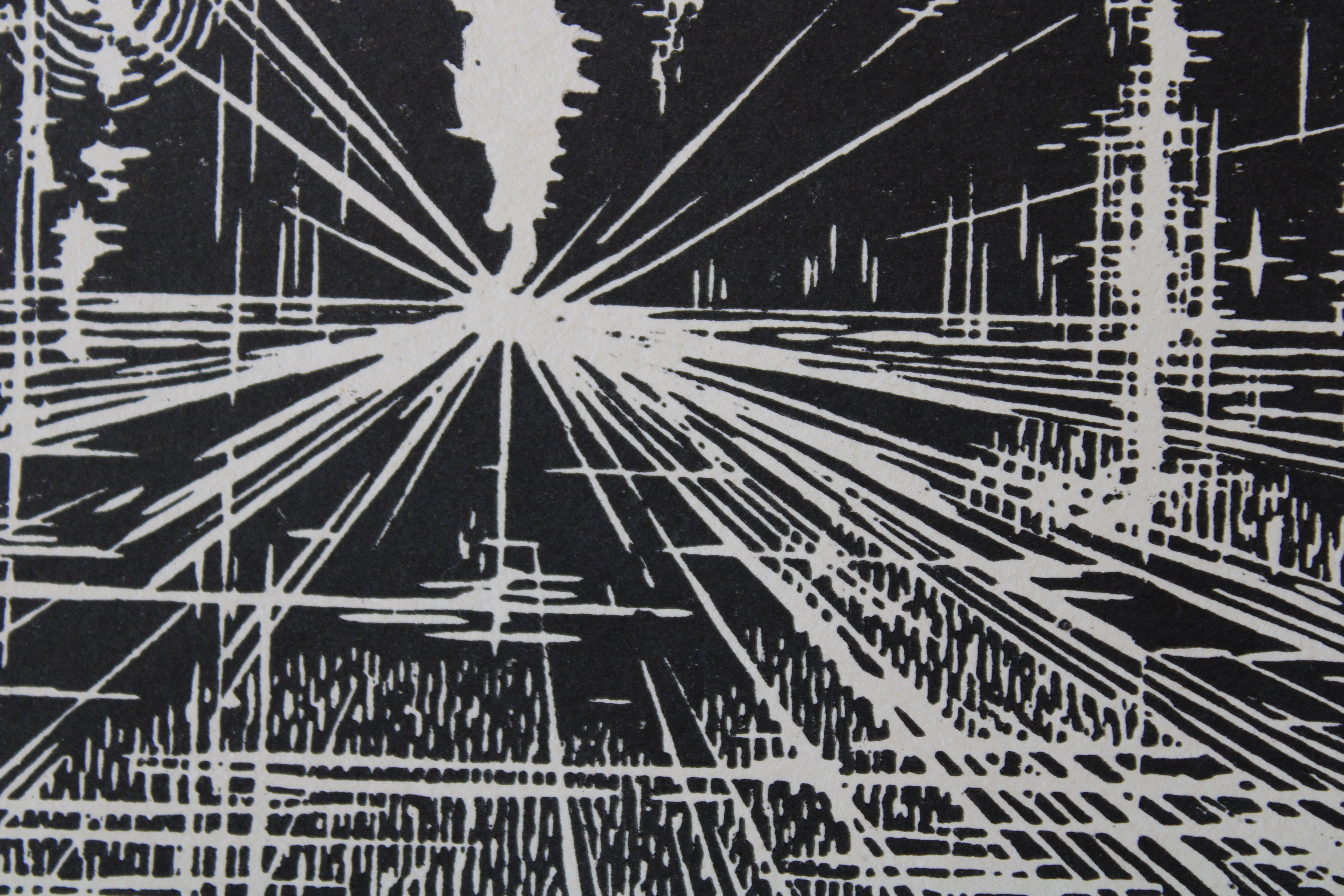 Anozotropic highway  1980s, paper, linocut, 15.5x25 cm - Print by Nikolai Uvarov 