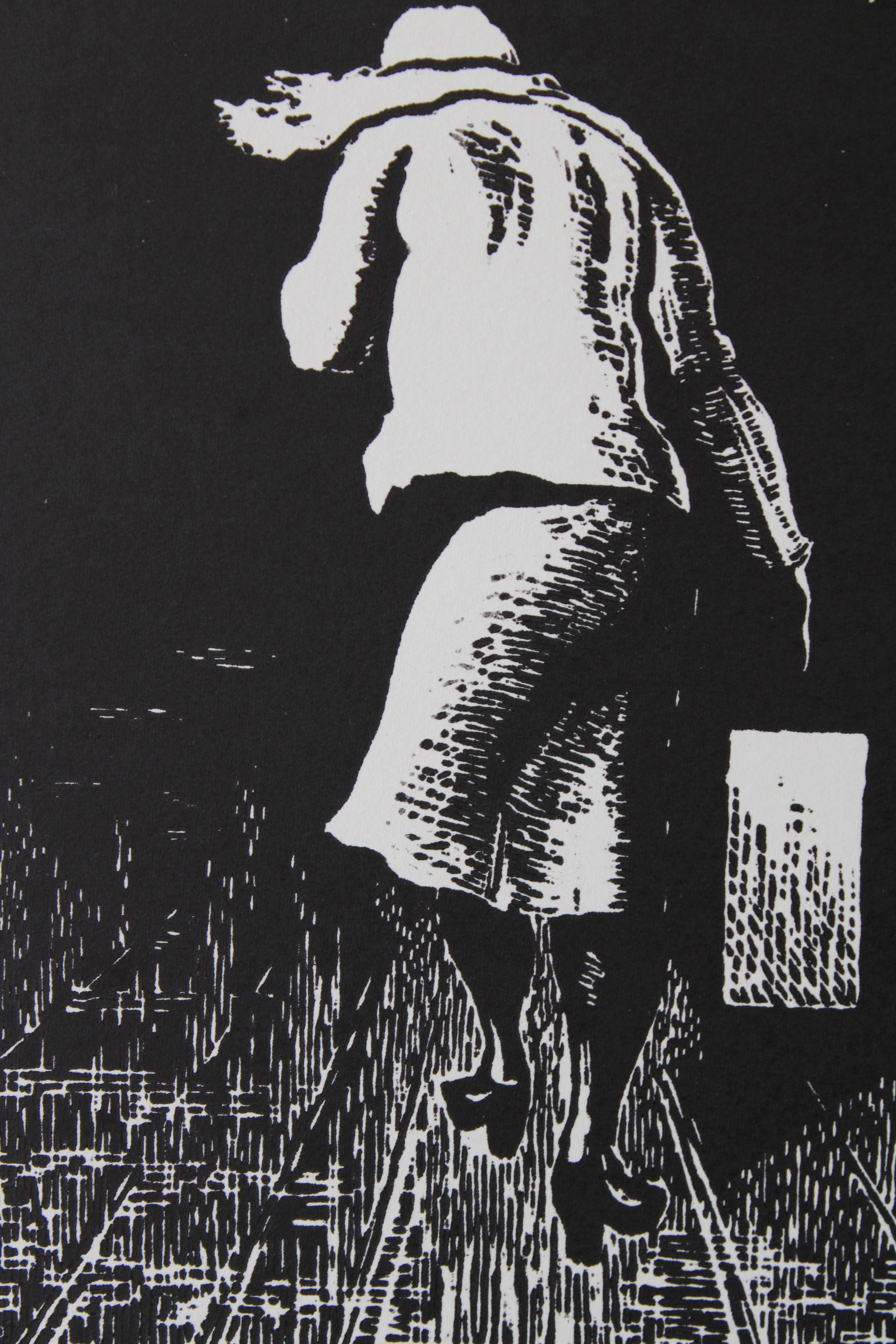 Diptych

1980. paper, linocut, each artwork 24,5х15 cm

The diptych created in 1980 consists of two linocut prints on paper. Each artwork measures 24.5x15 cm. The subject of the diptych portrays a woman and a man walking away with suitcases. This