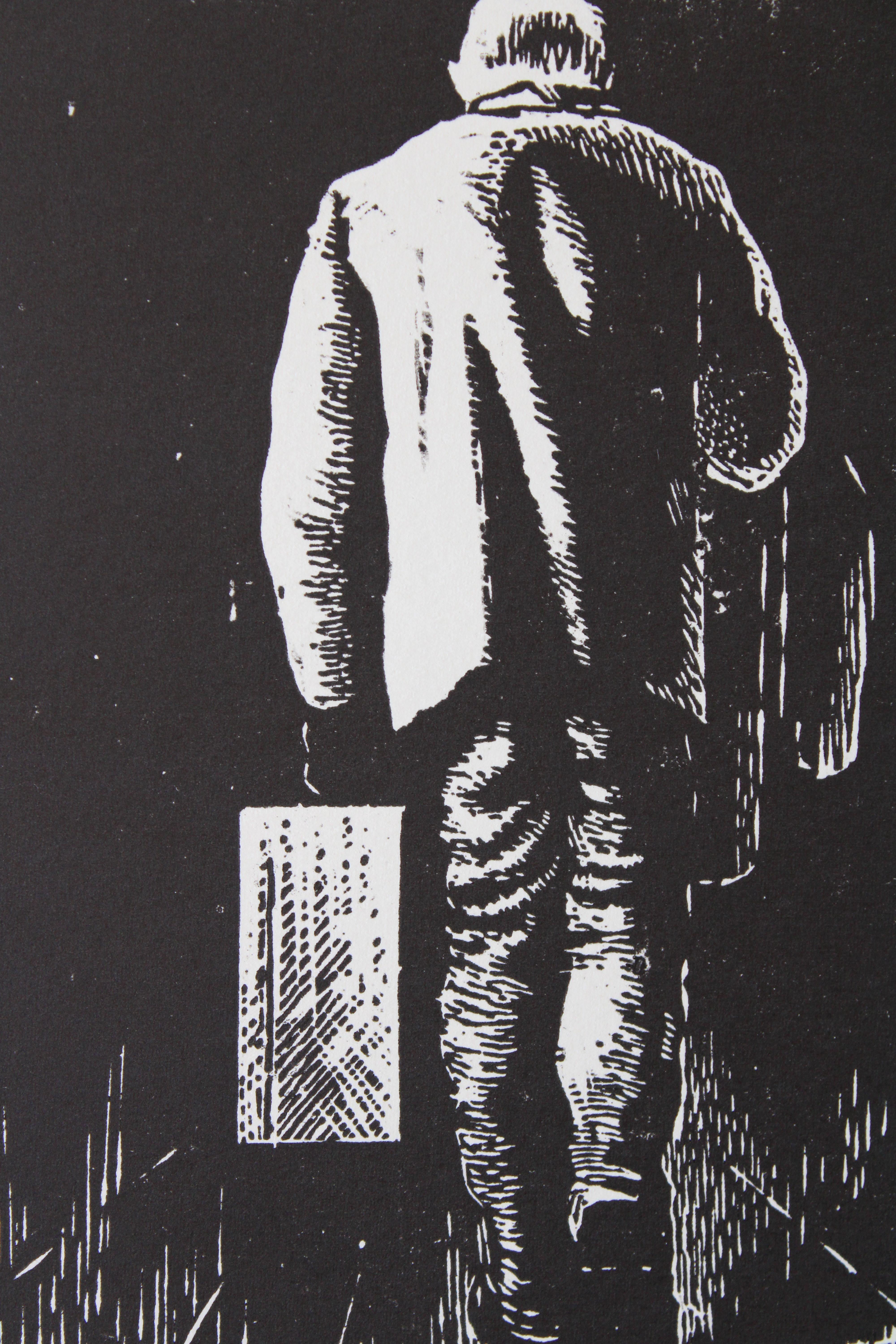 Diptych

1980. paper, linocut, each artwork 24,5х15 cm

The diptych created in 1980 consists of two linocut prints on paper. Each artwork measures 24.5x15 cm. The subject of the diptych portrays a woman and a man walking away with suitcases. This