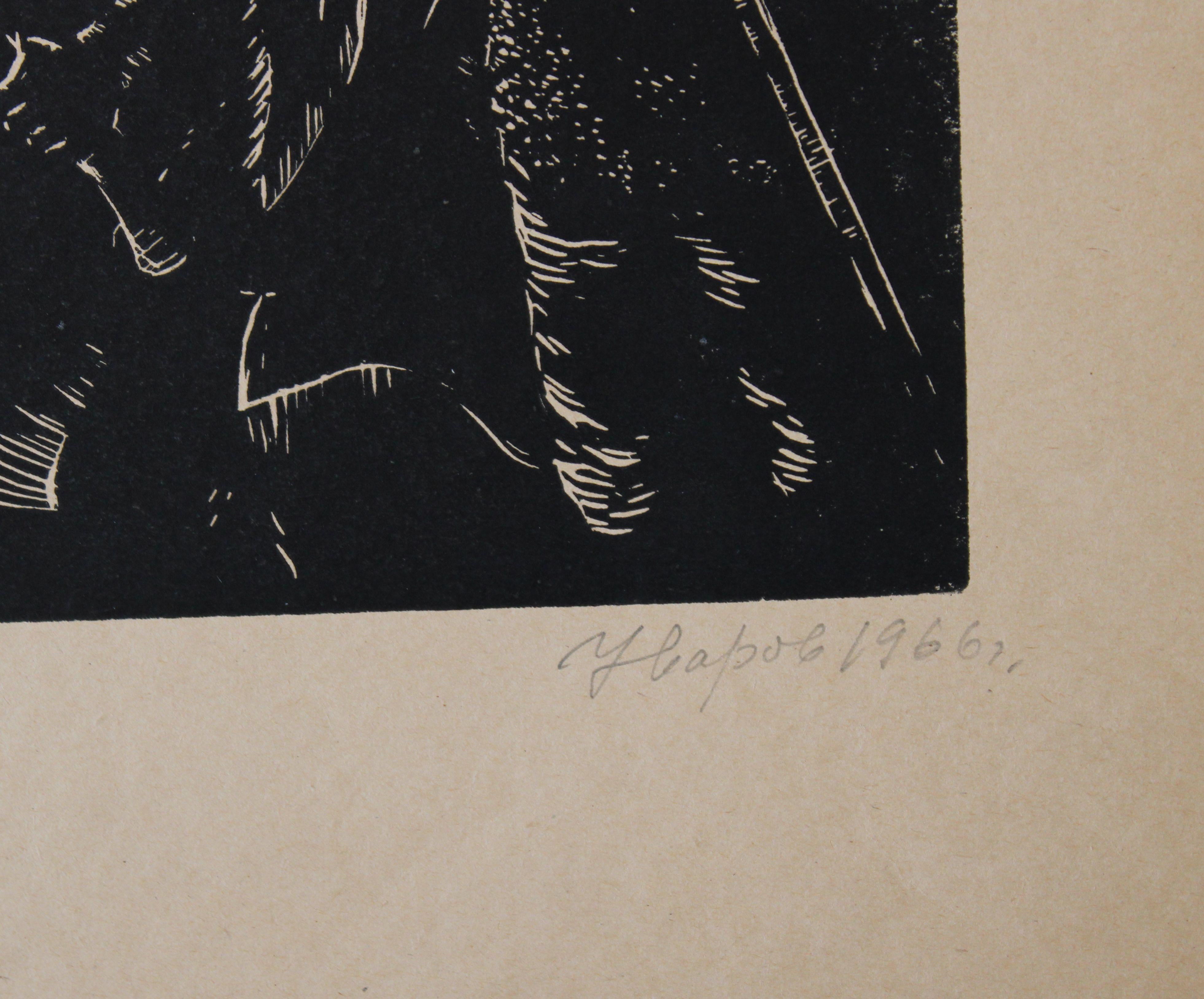 Russisches episches. 2/10  1966, Papier, Linolschnitt, 23,5x35 cm (Volkskunst), Print, von Nikolai Uvarov 