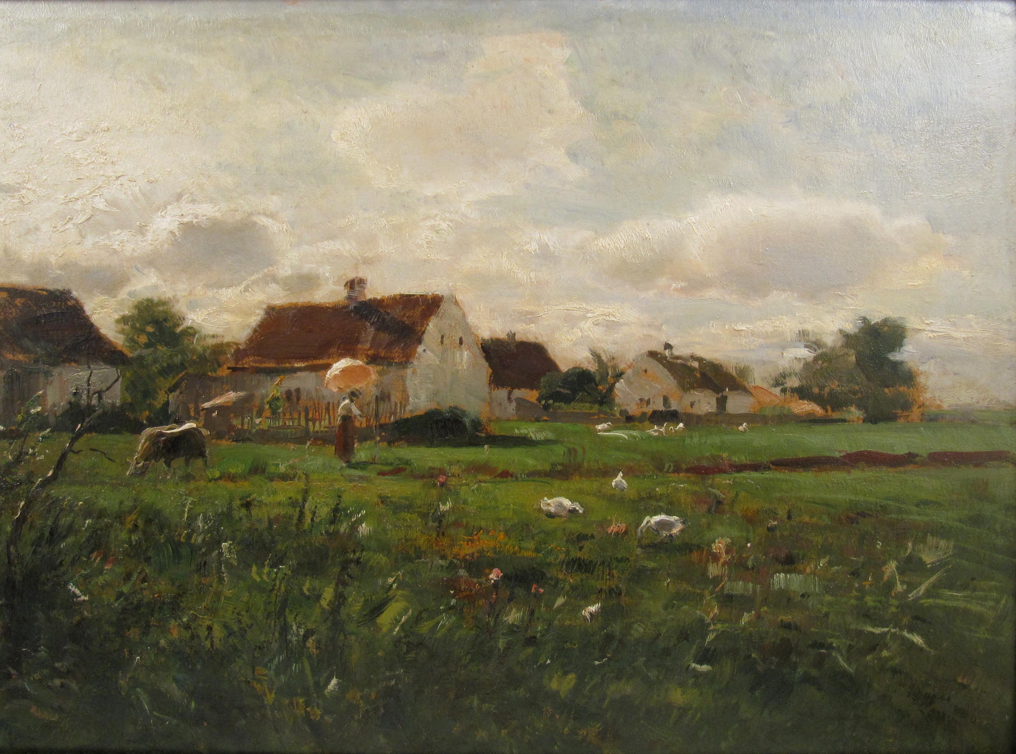 Sunday Promenade in the Countryside with Buildings, Cattle and Geese , 19thC - Painting by Nikolai von Astudin