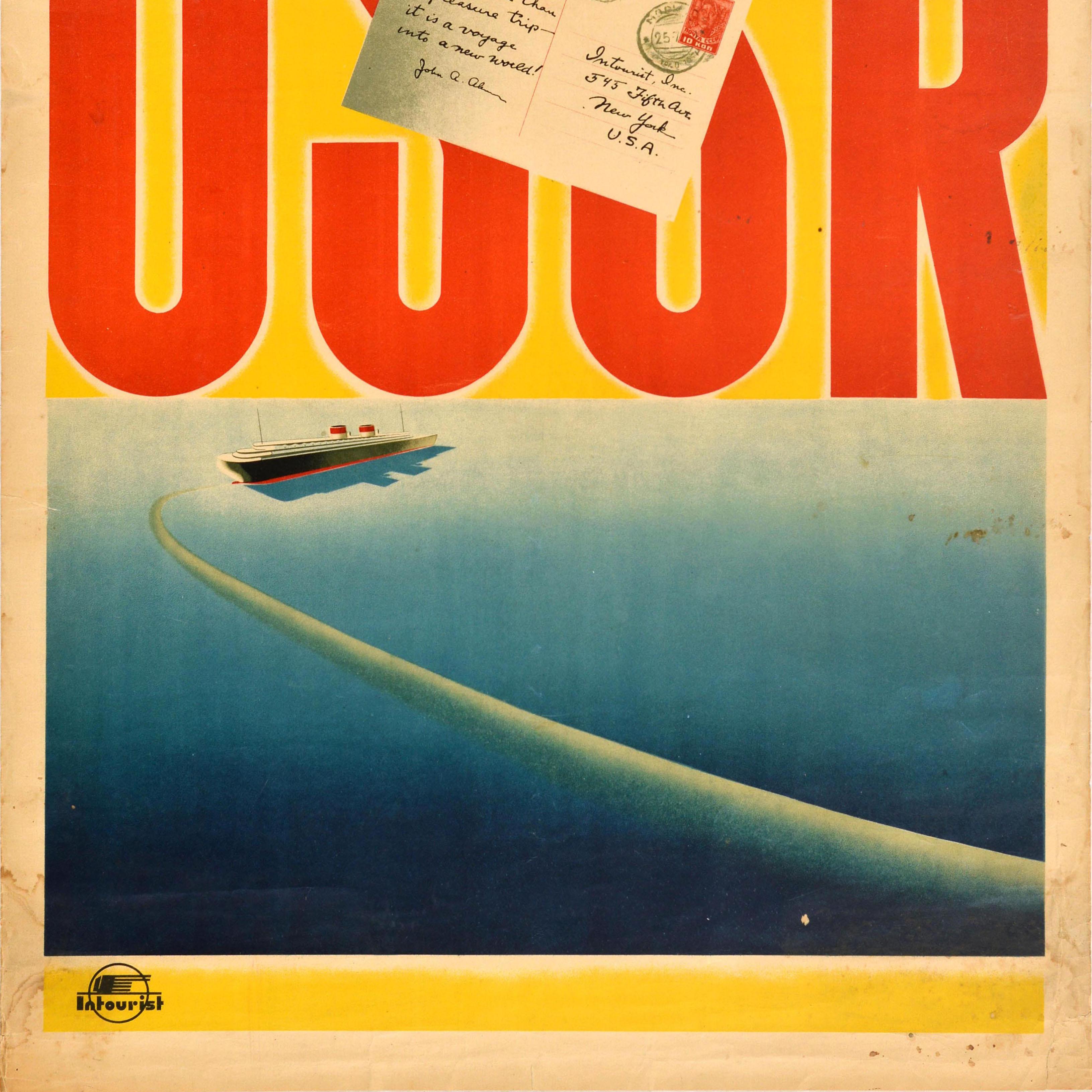 Original vintage cruise ship travel poster designed by the notable Soviet artist Nikolai Zhukov (1908-1973) featuring a great image of an ocean liner sailing into the distance with the Intourist logo below and the bold red letters USSR at the top