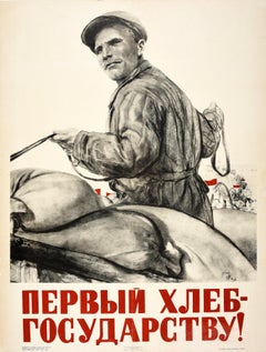 Original Vintage Soviet Propaganda Poster Grain Farmer Government Bread USSR