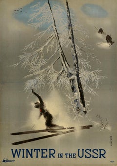Affiche de voyage soviétique originale d'hiver en URSS, Skiing Zhukov