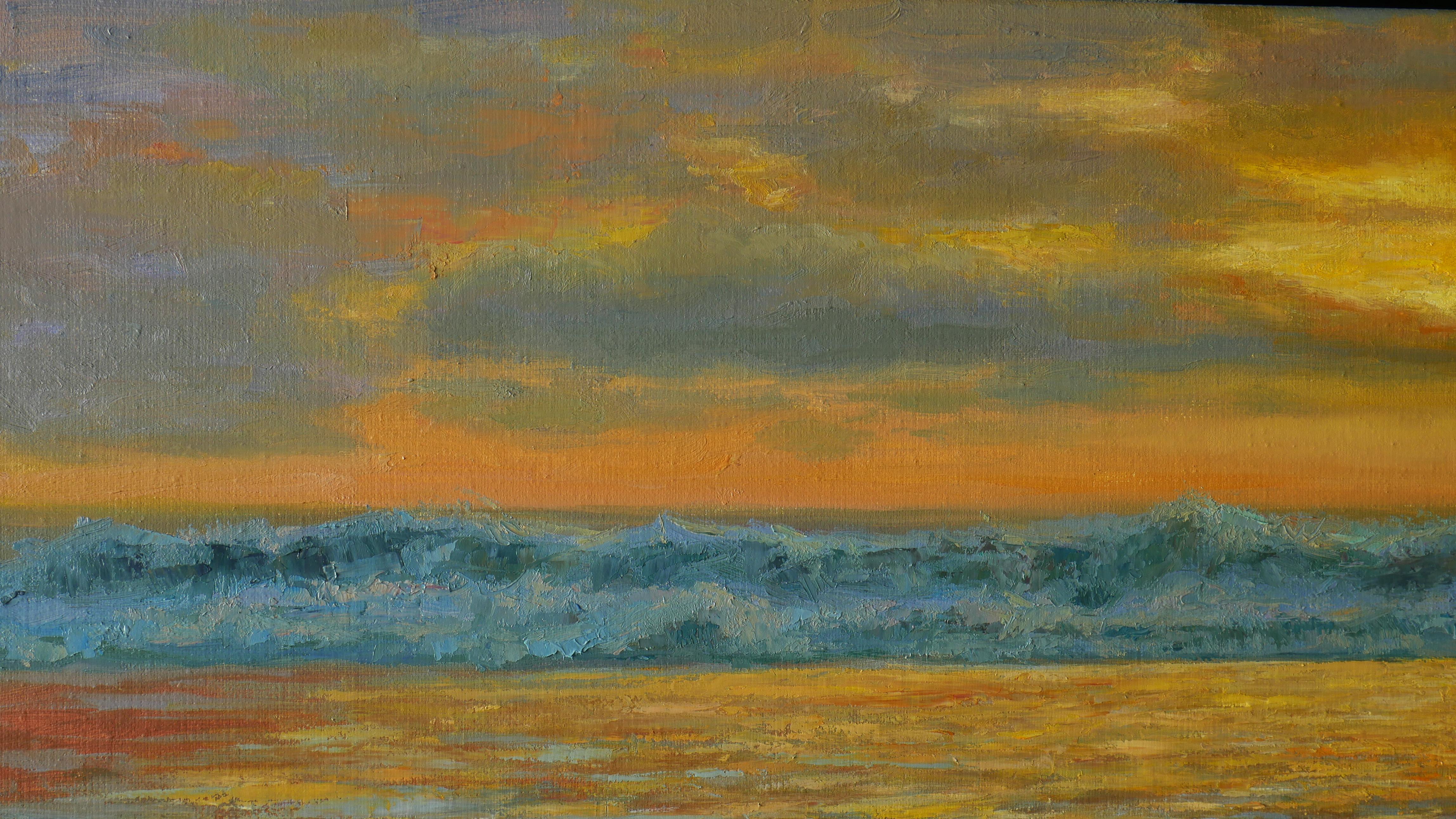The sea is especially beautiful when the sunny warm evening light illuminates the waves, which begin to shine. The sunny evening seascape is unique, because the artist used his unique technique to capture the glow of sunlight. The artwork will