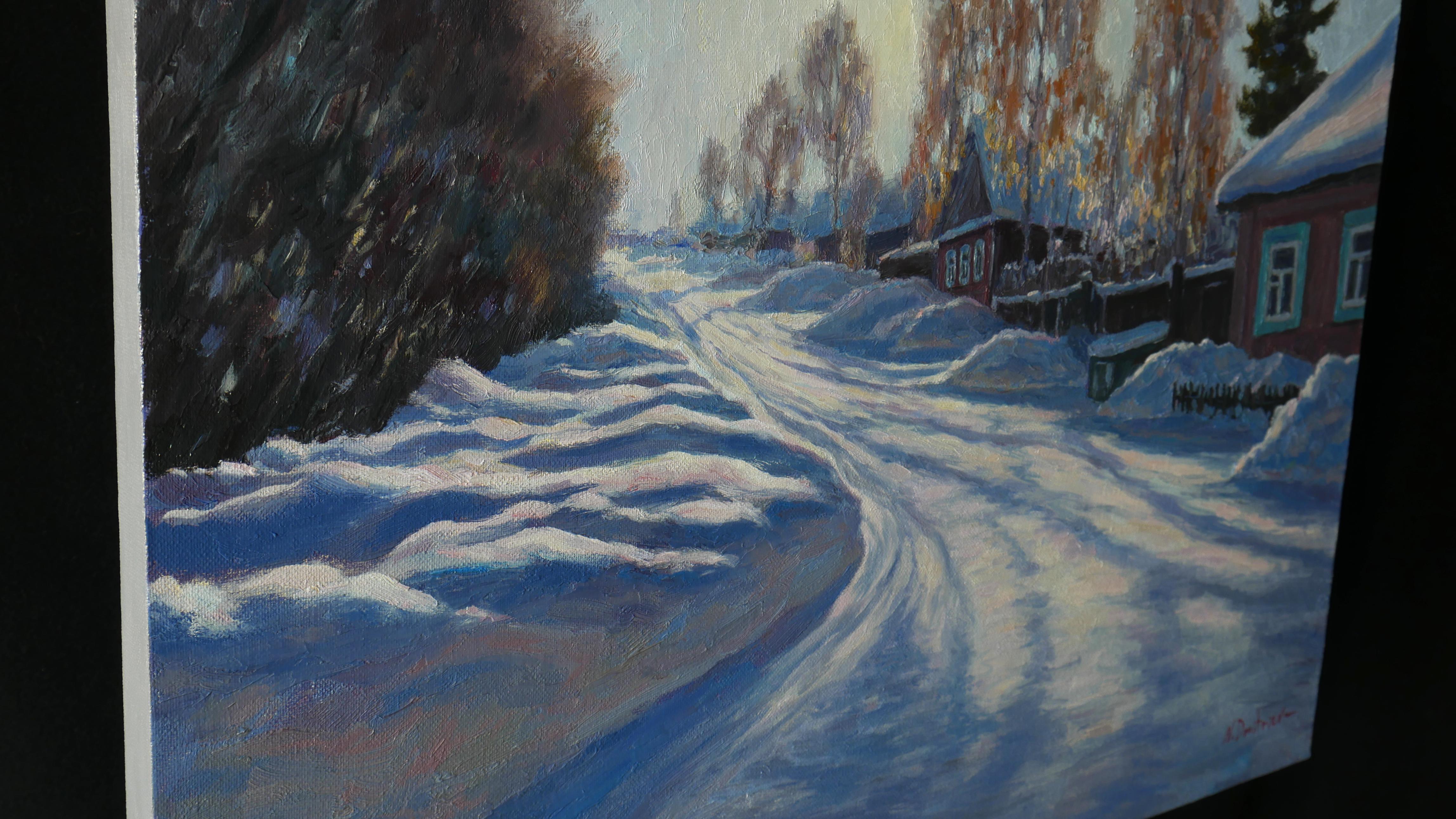 Eine sonnige Winterlandschaft wurde nach dem Leben gemalt, im Stil des Impressionismus. Der Künstler fängt in seinen Gemälden den flüchtigen Zustand der Natur ein und stellt das Spiel der Helldunkelheit dar. Den Details wird große Aufmerksamkeit