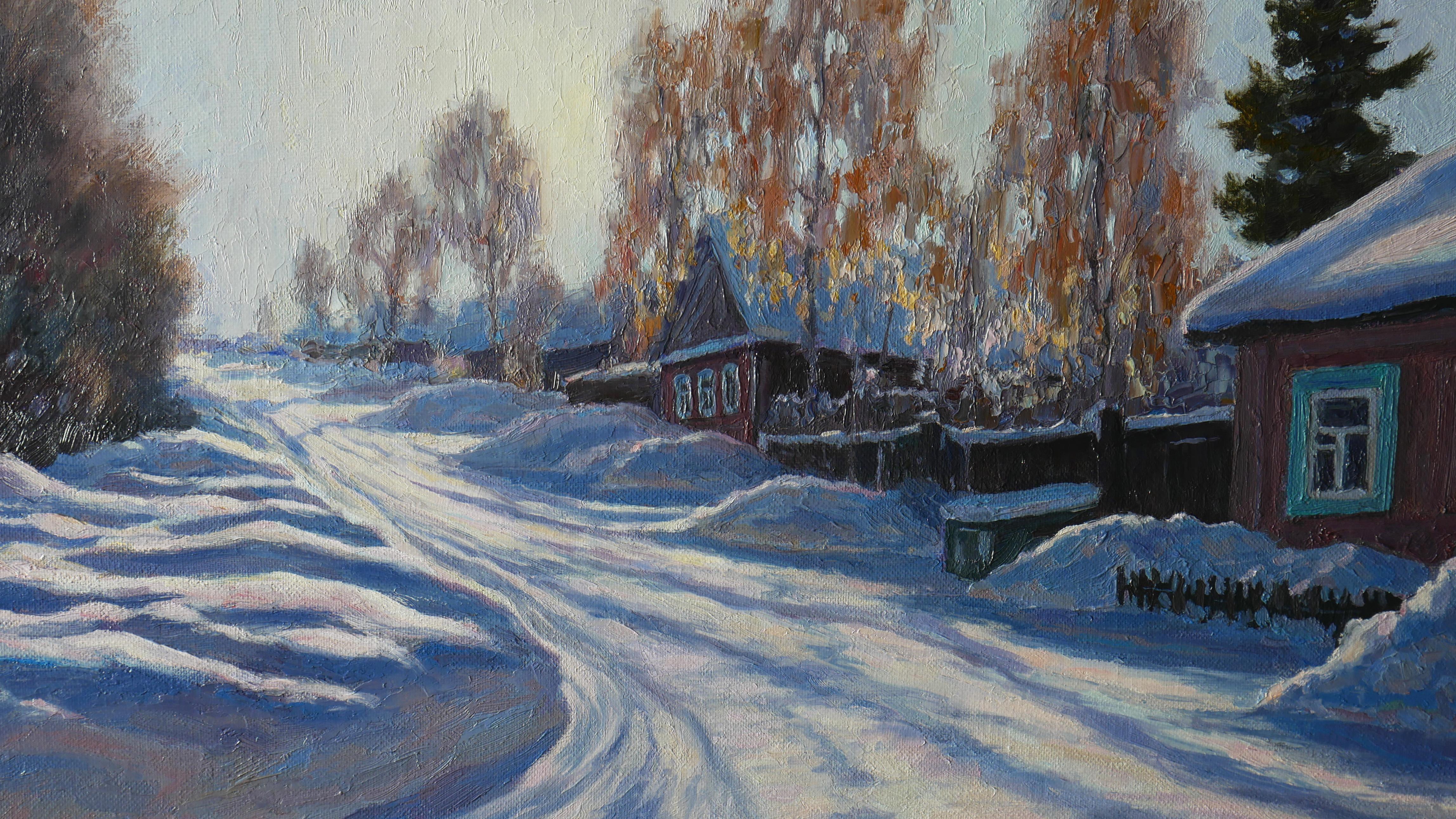 Lumière froide du soleil - Peinture d'hiver ensoleillée en vente 1