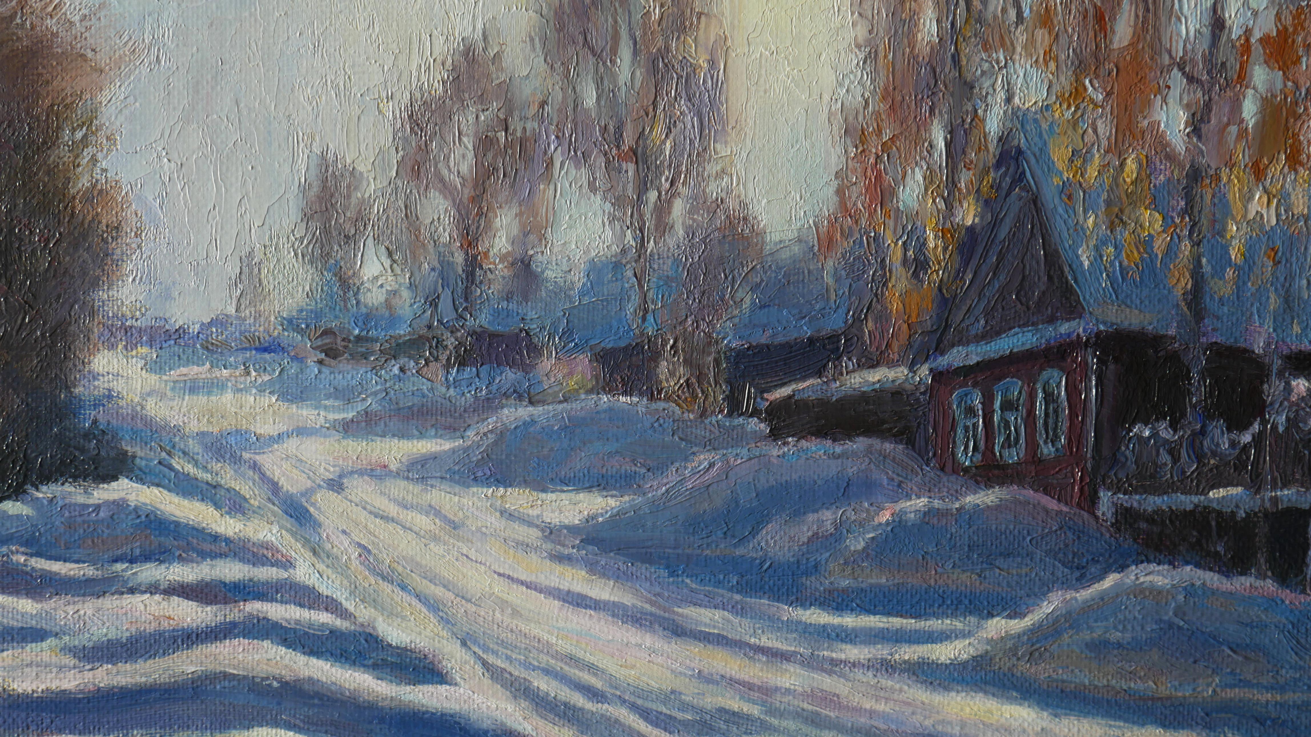 Lumière froide du soleil - Peinture d'hiver ensoleillée en vente 2
