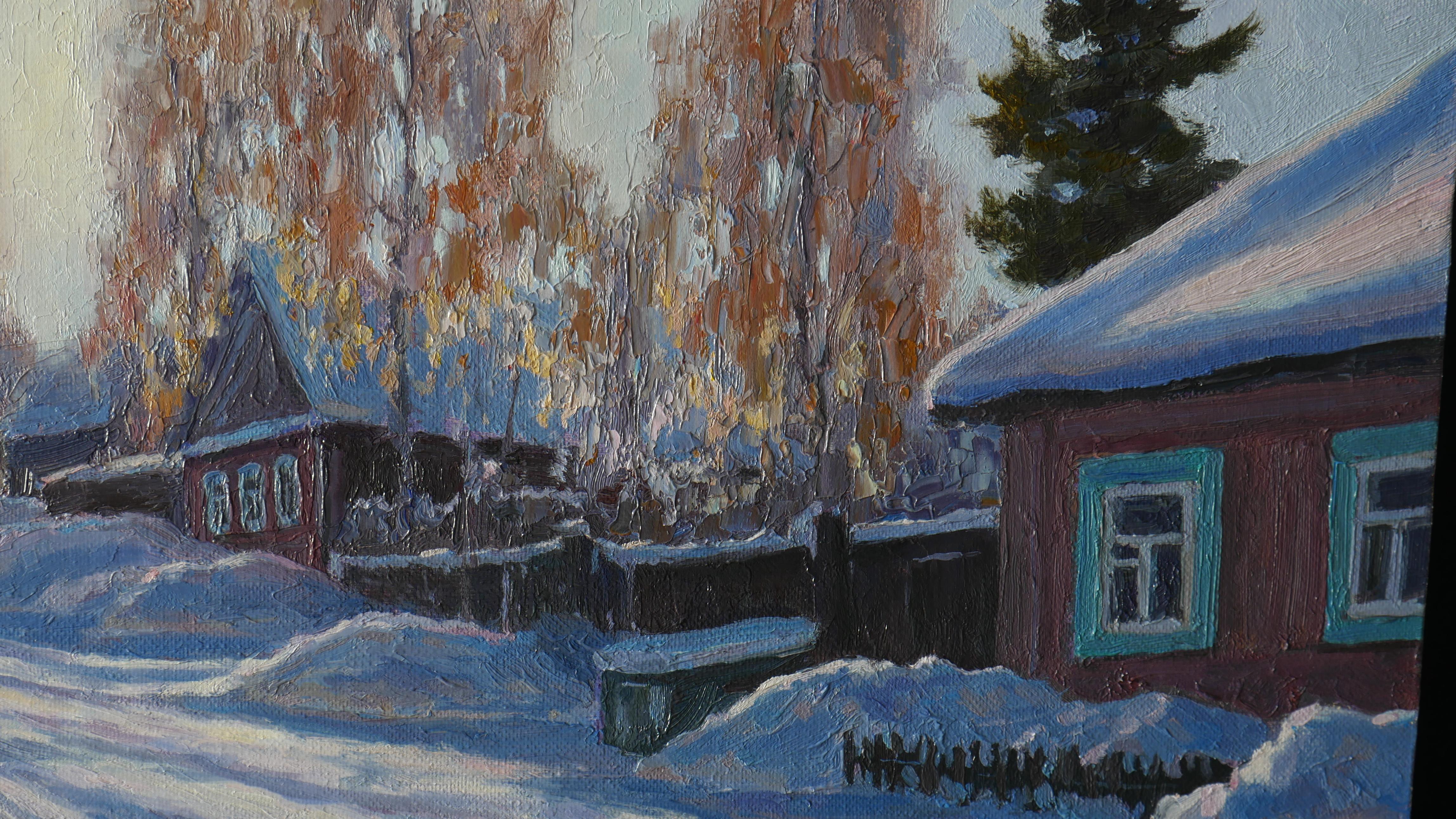 Lumière froide du soleil - Peinture d'hiver ensoleillée en vente 3