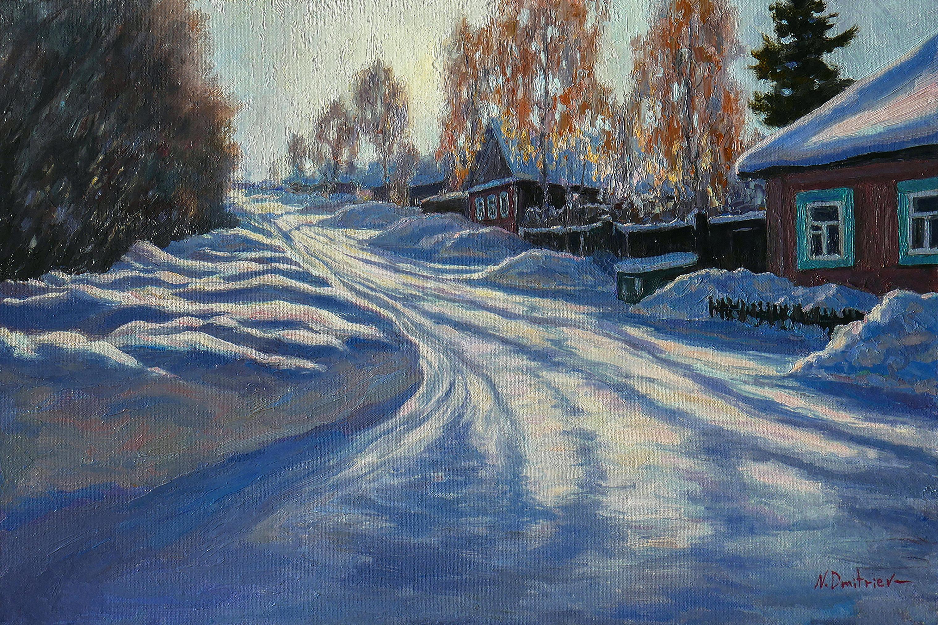 Nikolaj Dmitriev Landscape Painting – Kaltes Sonnenlicht – sonniges Wintergemälde