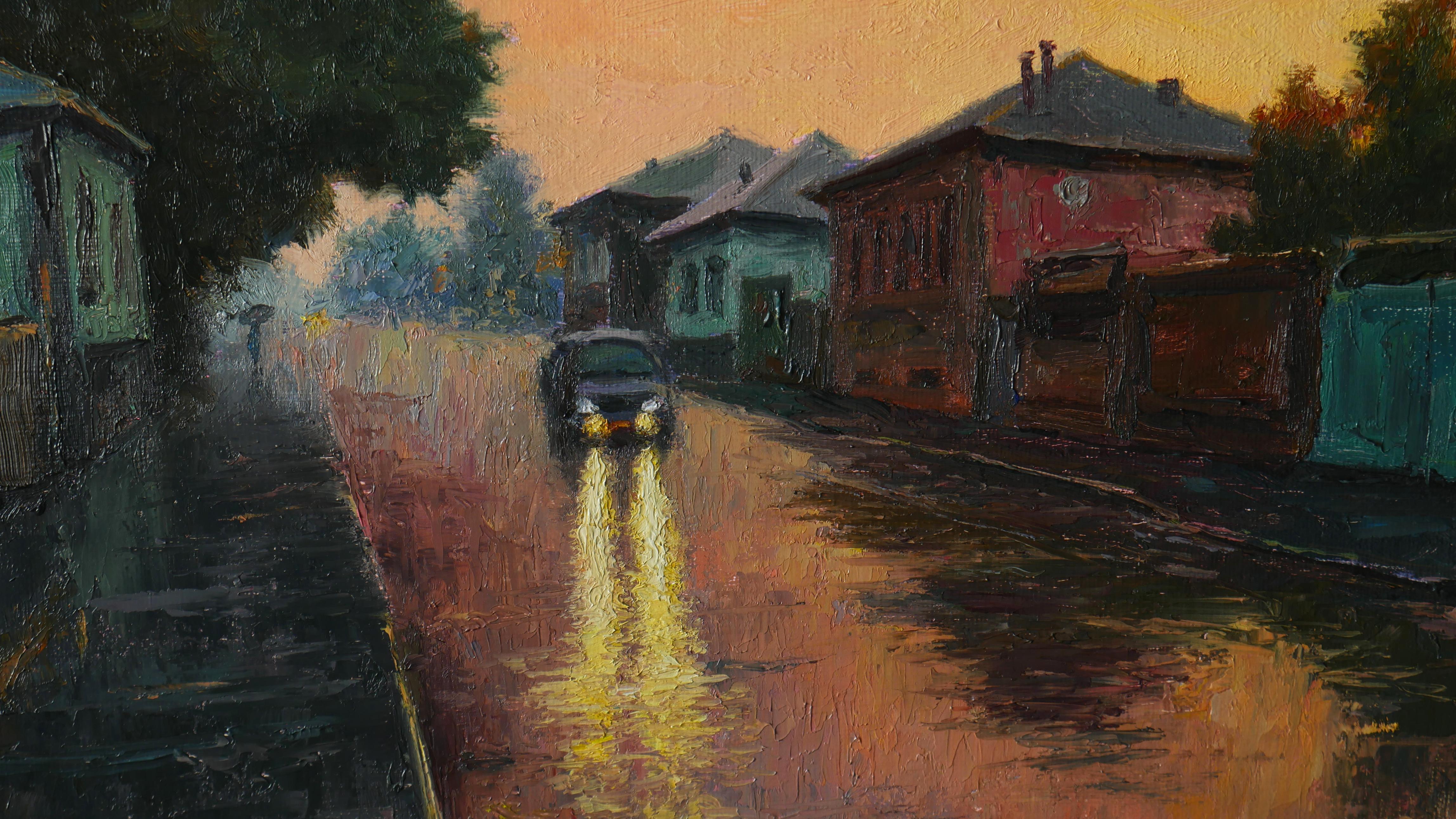An evening cityscape with a beautiful sky and rain creates an immersive effect. The painting evokes a sense of peace. Many of those who purchased Nikolai's paintings noted his masterful and sensual capture of the mood and state of the depicted