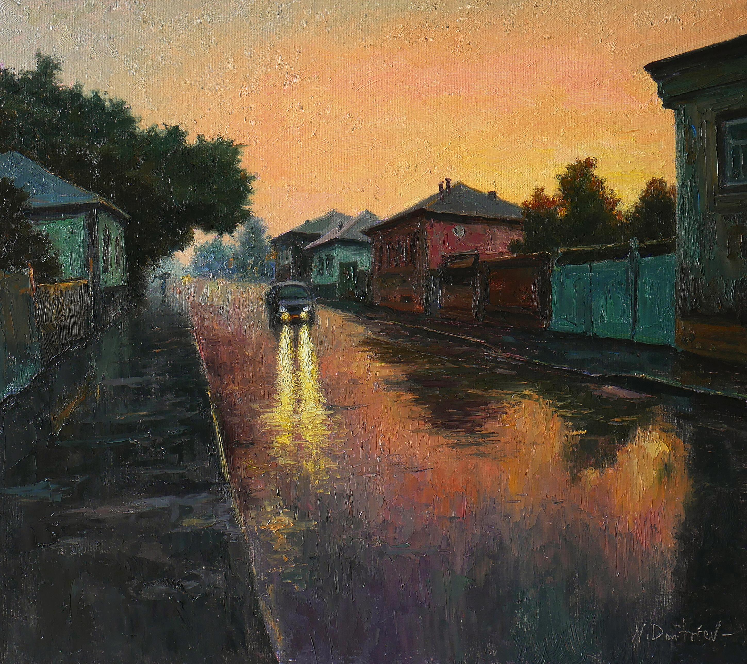 Nikolaj Dmitriev Interior Painting – Es ist Sommer warmer Regen bei Sonnenuntergang