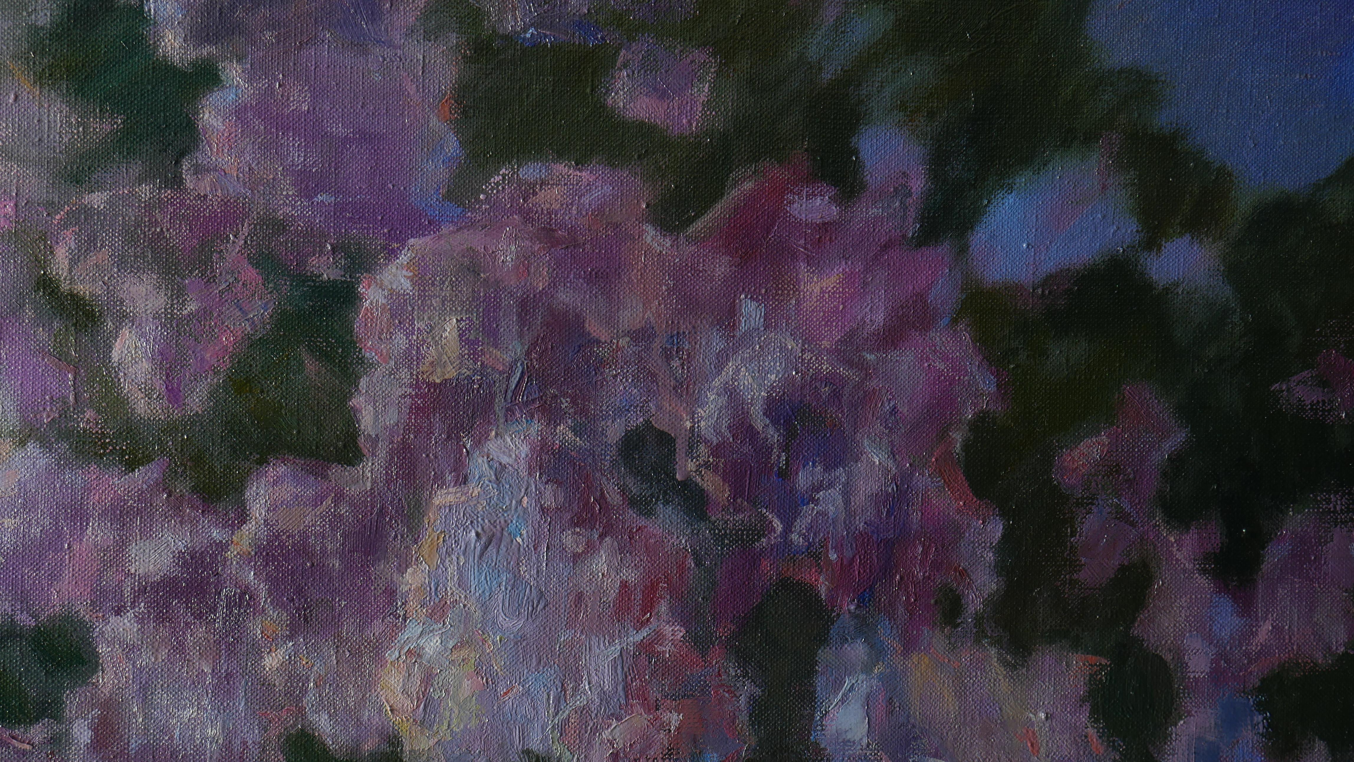 La nuit de mai dans le jardin en fleurs - peinture lilas en vente 7