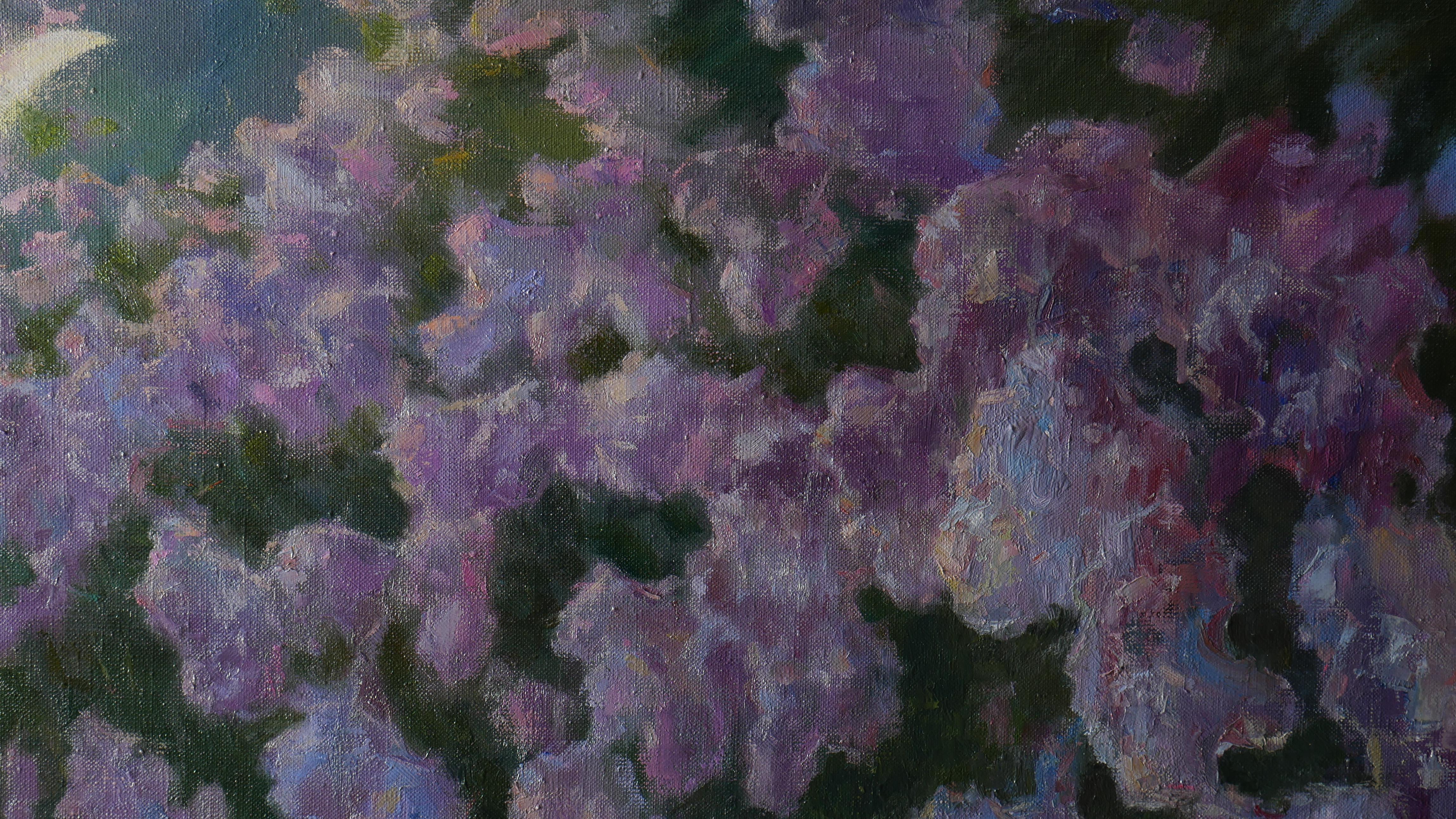 La nuit de mai dans le jardin en fleurs - peinture lilas en vente 8