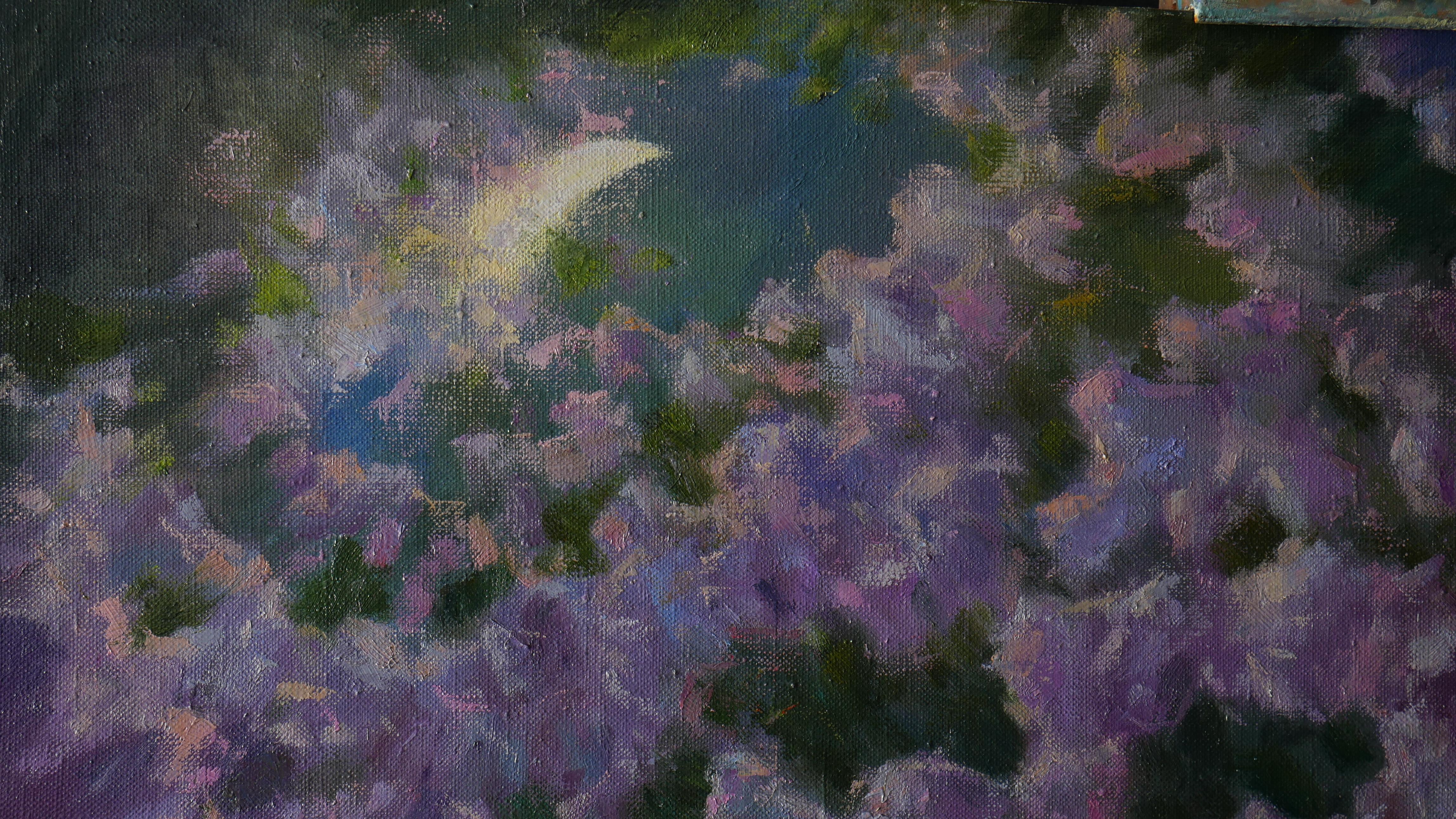 La nuit de mai dans le jardin en fleurs - peinture lilas en vente 9
