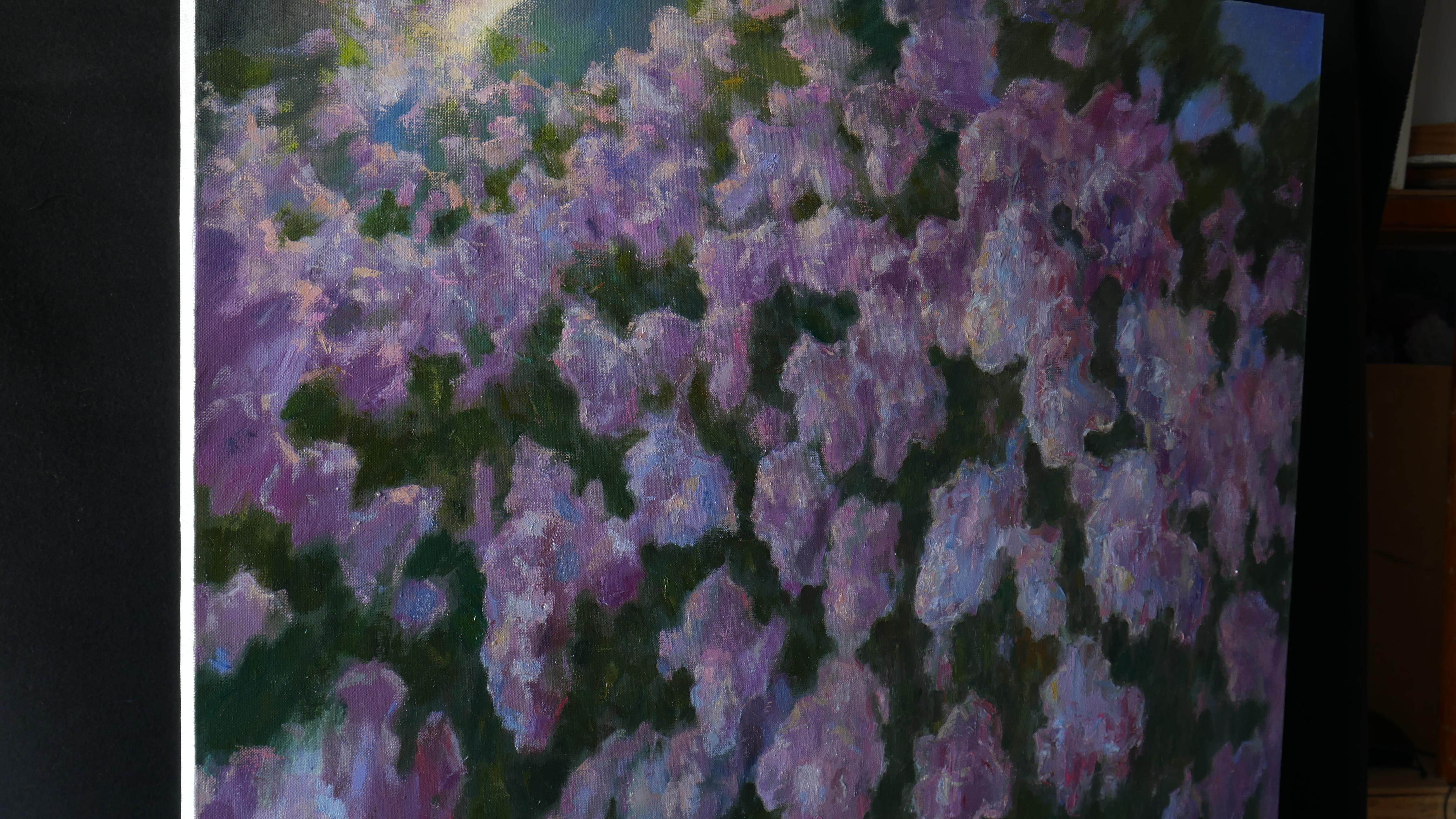 La nuit de mai dans le jardin en fleurs - peinture lilas en vente 10
