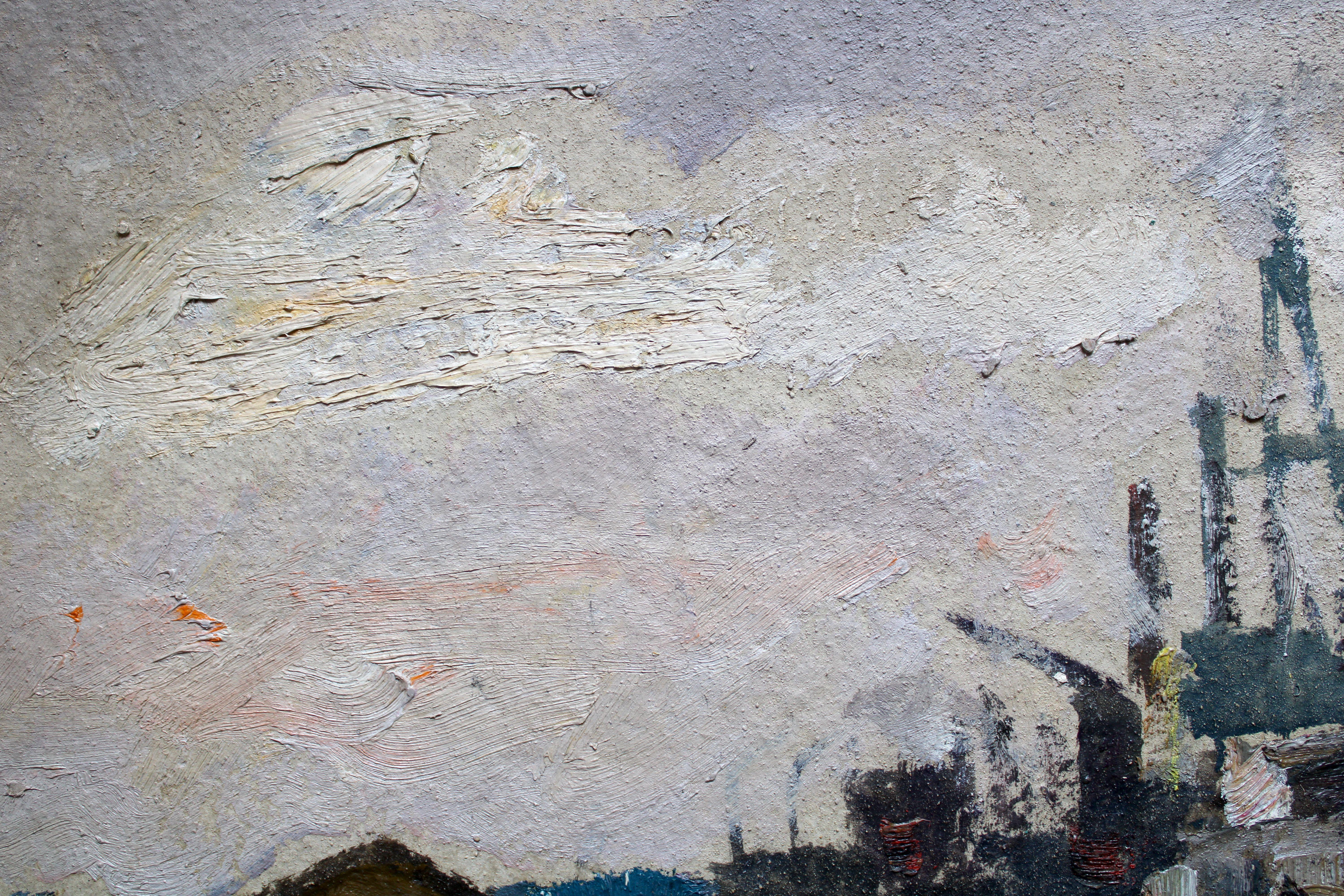 At the Port. 1966, oil on cardboard, 56x69, 5 cm - Impressionist Painting by Nikolajs Breikss 