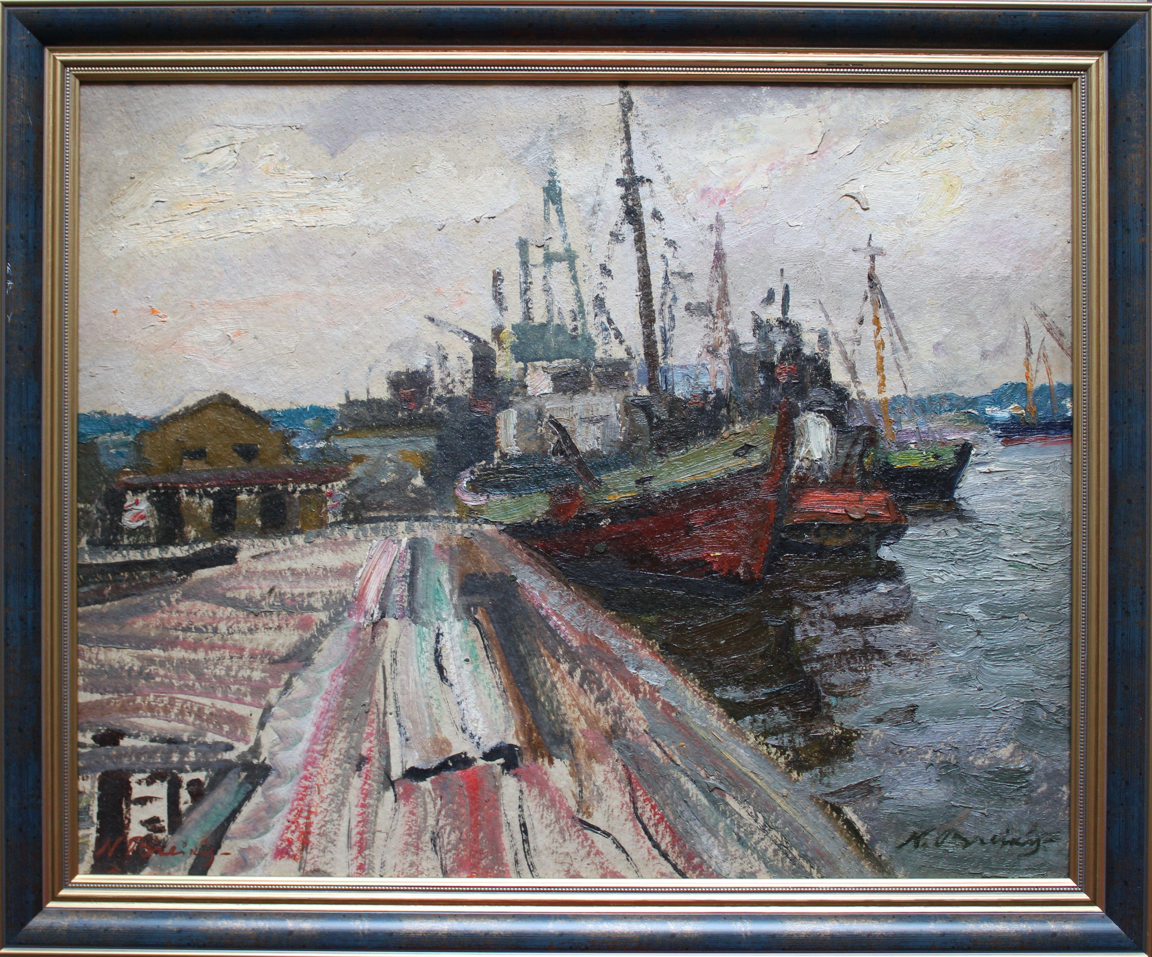 At the Port. 1966, oil on cardboard, 56x69, 5 cm - Gray Landscape Painting by Nikolajs Breikss 