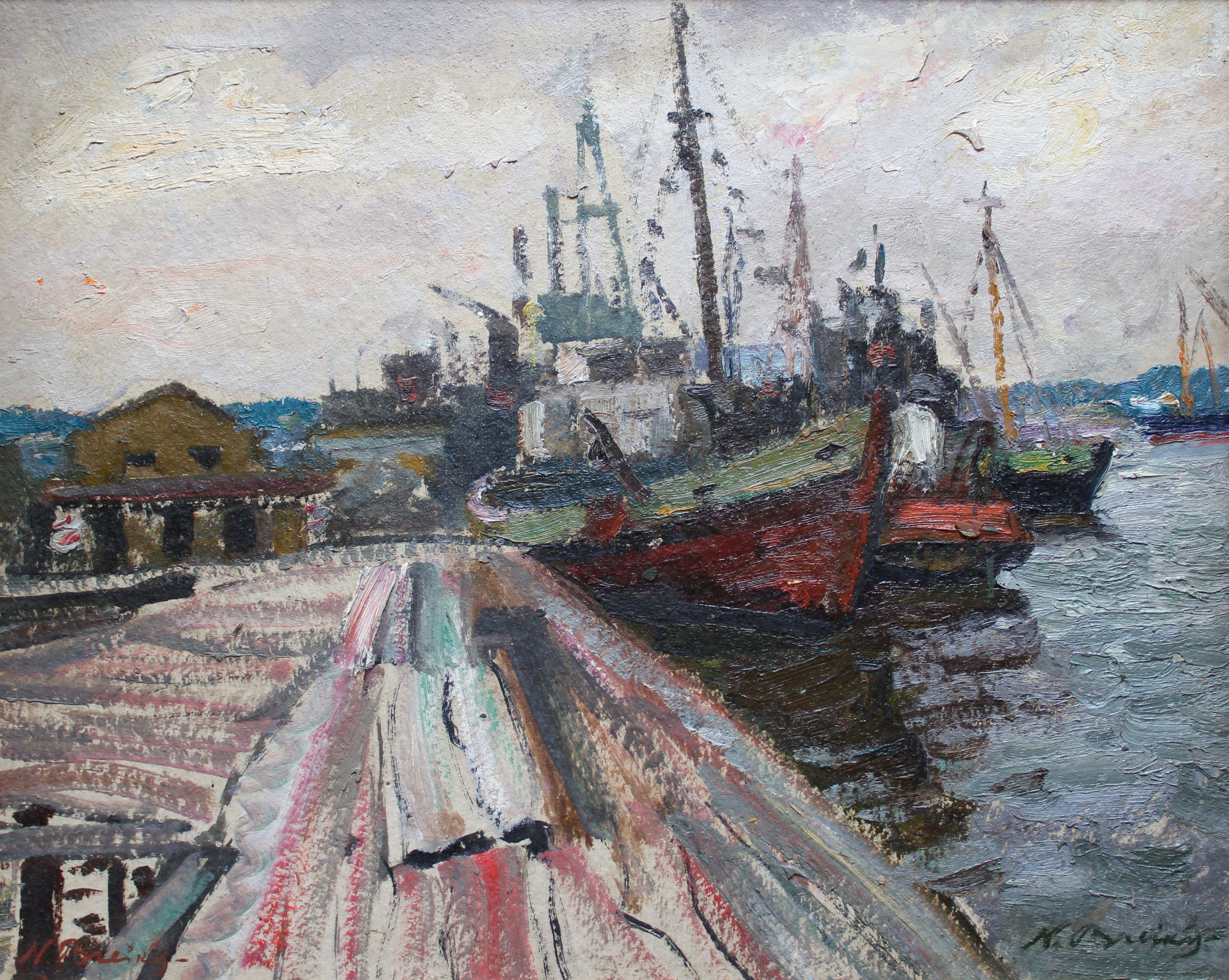 Landscape Painting Nikolajs Breikss  - Peinture à l'huile sur carton, 56 x 69,5 cm, At the Port, 1966