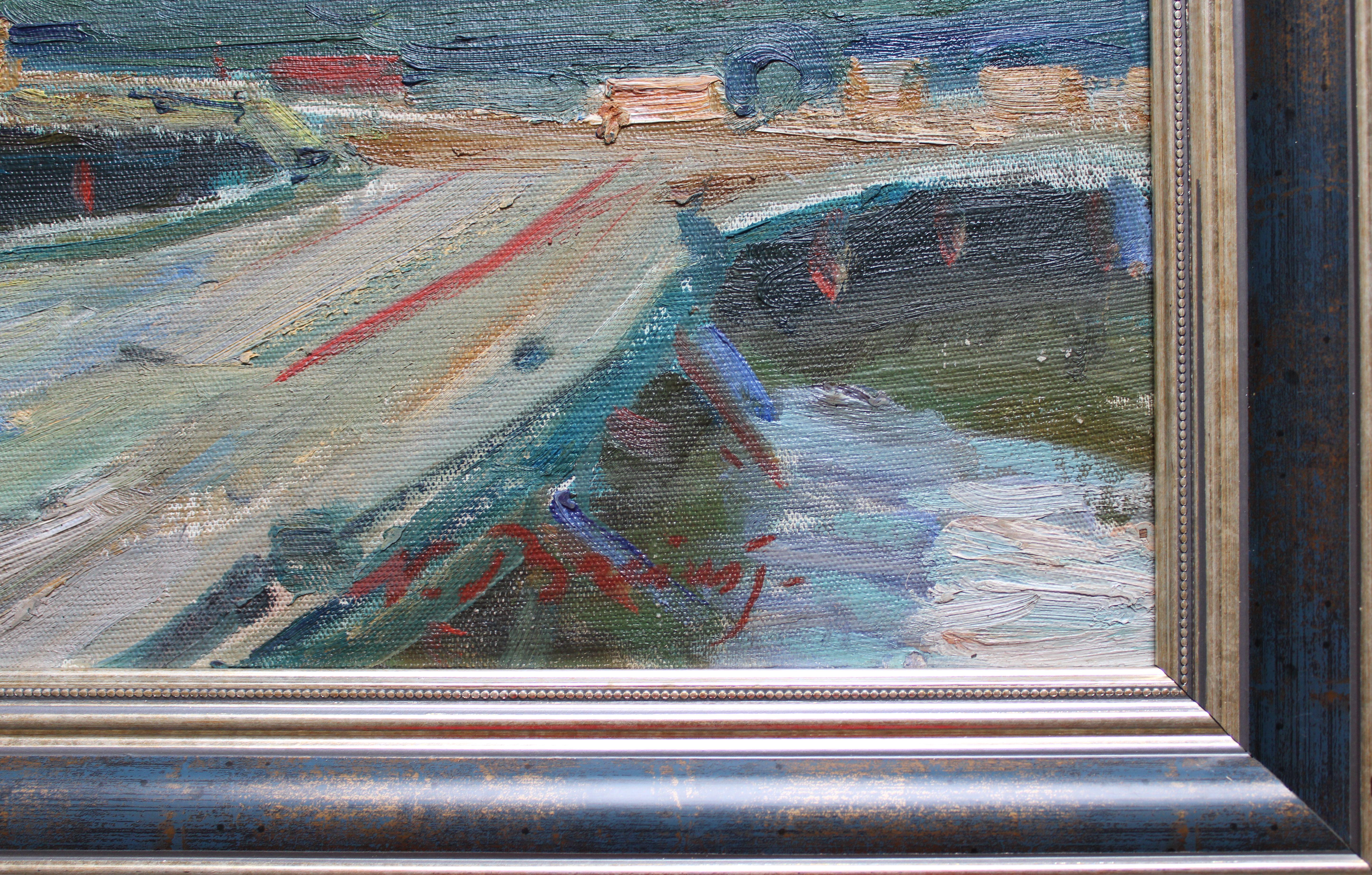 Port. Big Ship  1964. Oil on cardboard, 55x70 cm - Painting by Nikolajs Breikss 