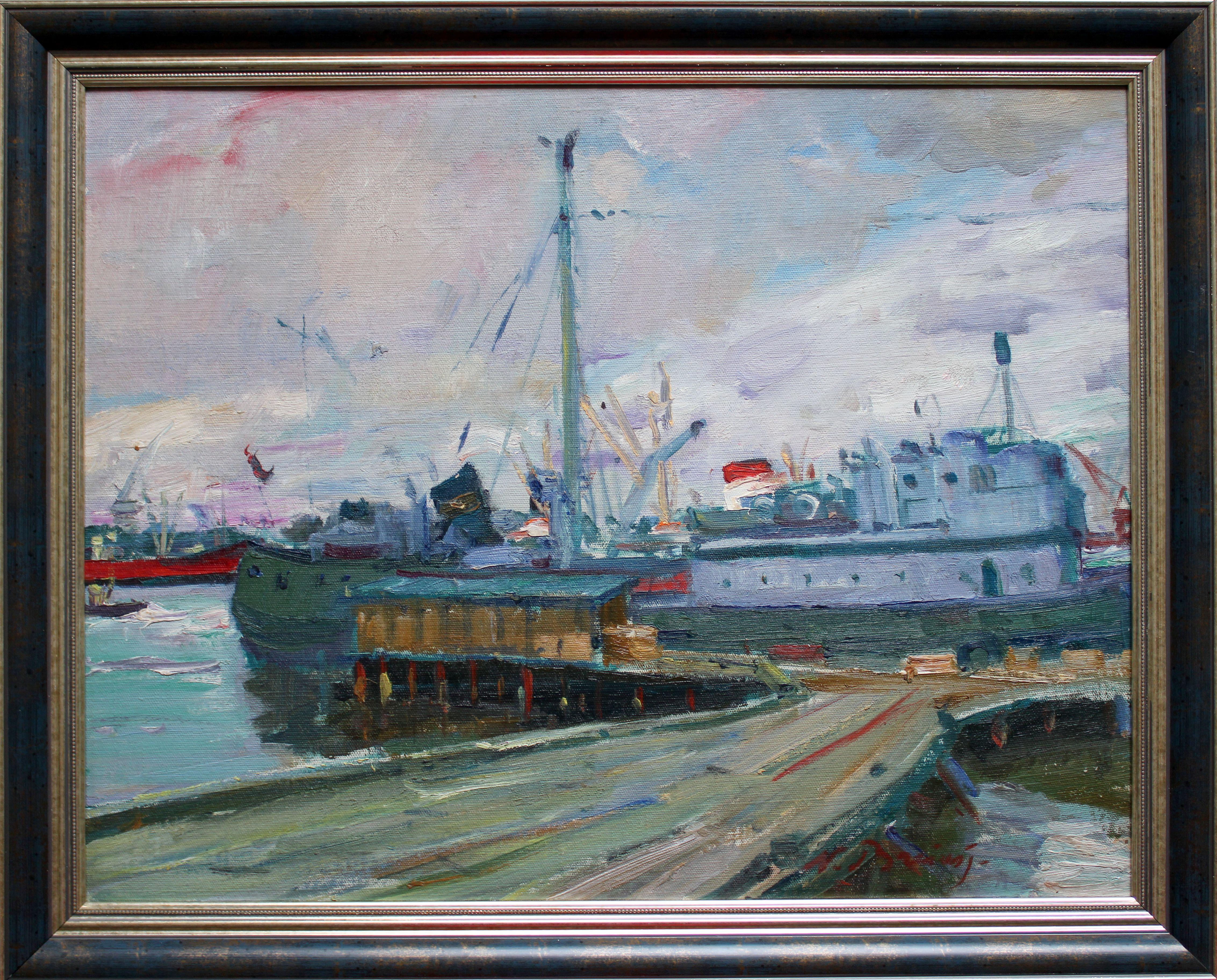 Port. Big Ship  1964. Oil on cardboard, 55x70 cm - Impressionist Painting by Nikolajs Breikss 
