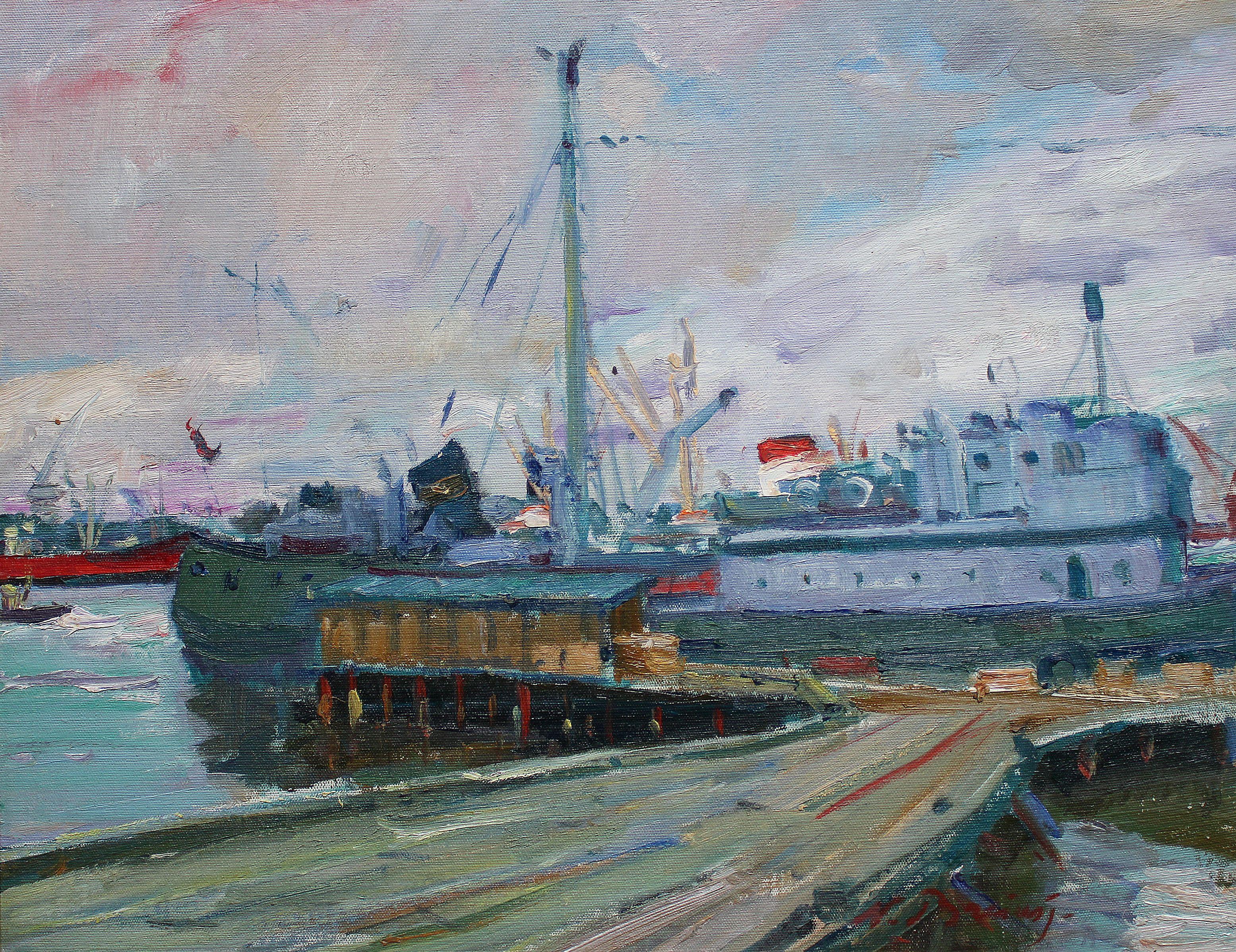 Porto. Grande nave  1964. Olio su cartone, 55x70 cm