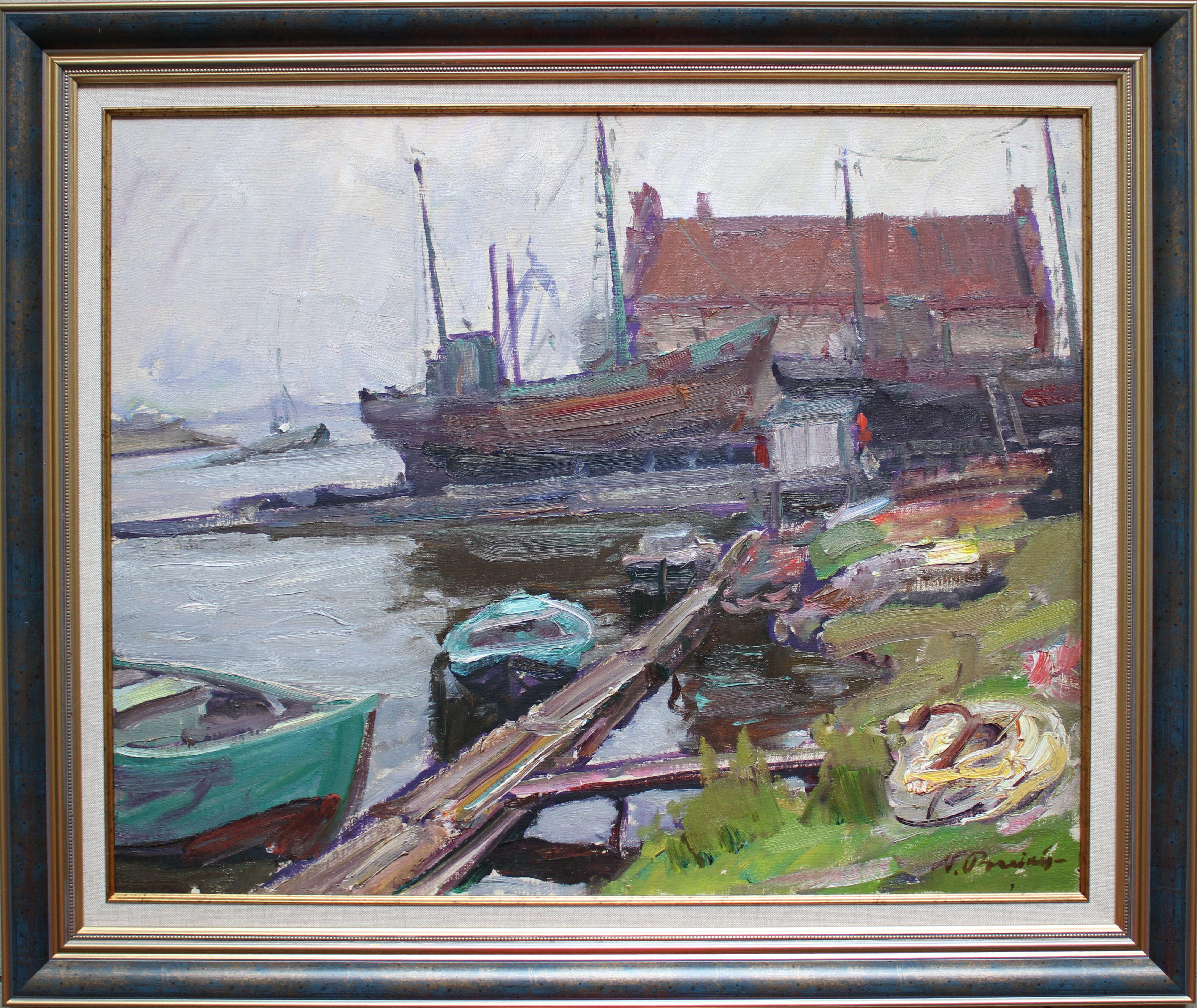 Schiffsreparatur. Ölgemälde auf Karton, 56x9,5 cm – Painting von Nikolajs Breikss 