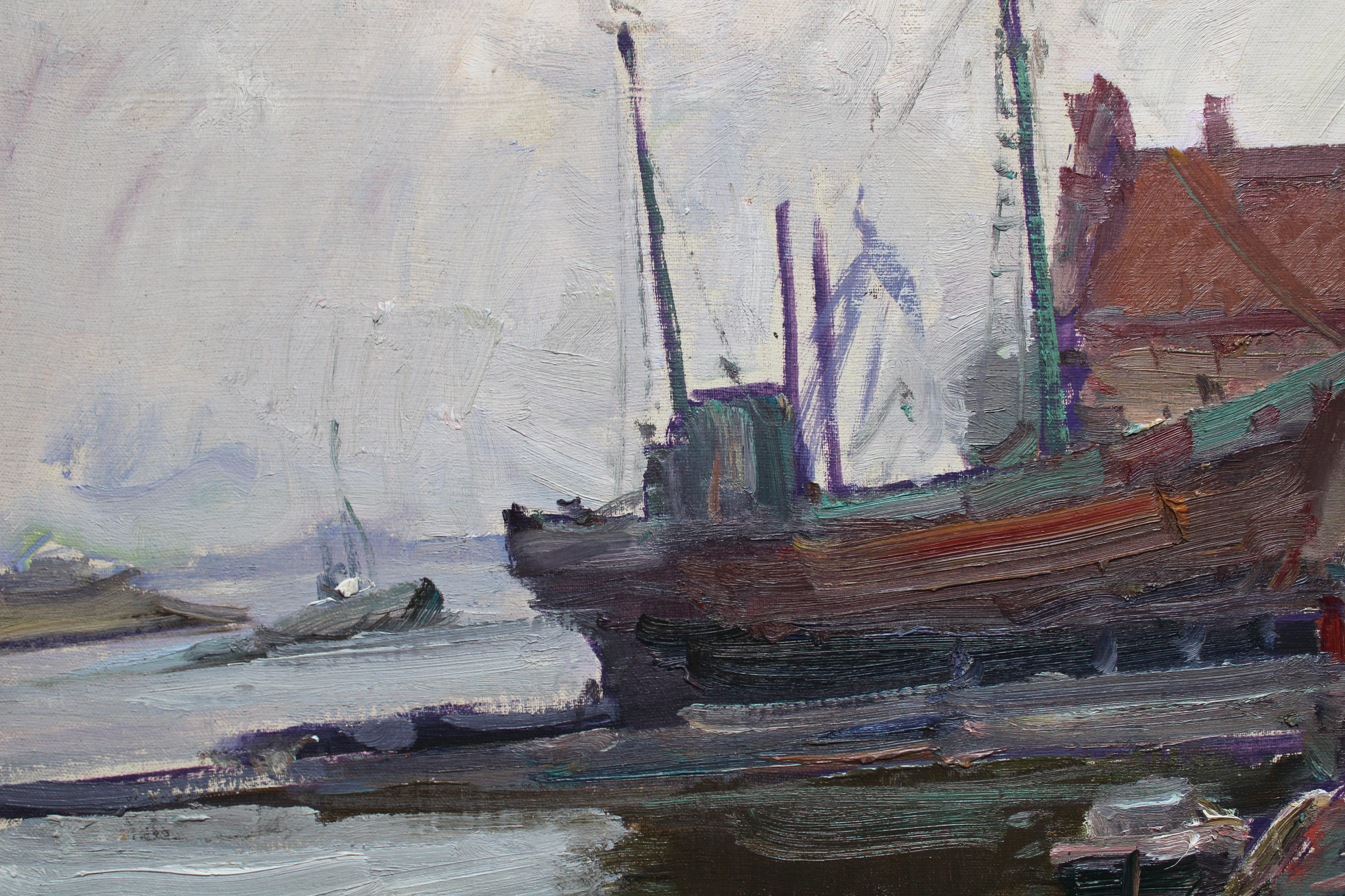 Schiffsreparatur. Ölgemälde auf Karton, 56x9,5 cm (Grau), Landscape Painting, von Nikolajs Breikss 
