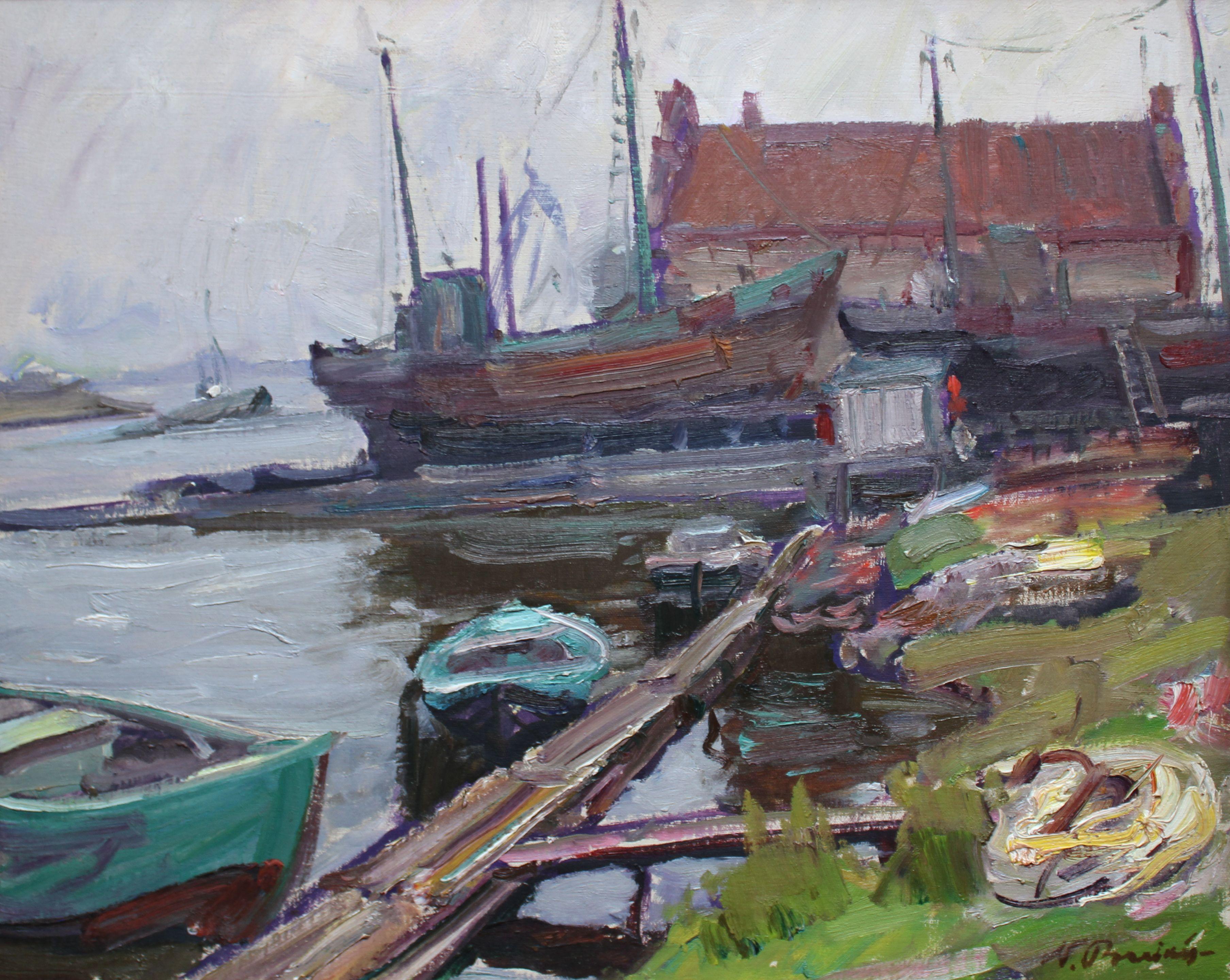 Nikolajs Breikss  Landscape Painting – Schiffsreparatur. Ölgemälde auf Karton, 56x9,5 cm
