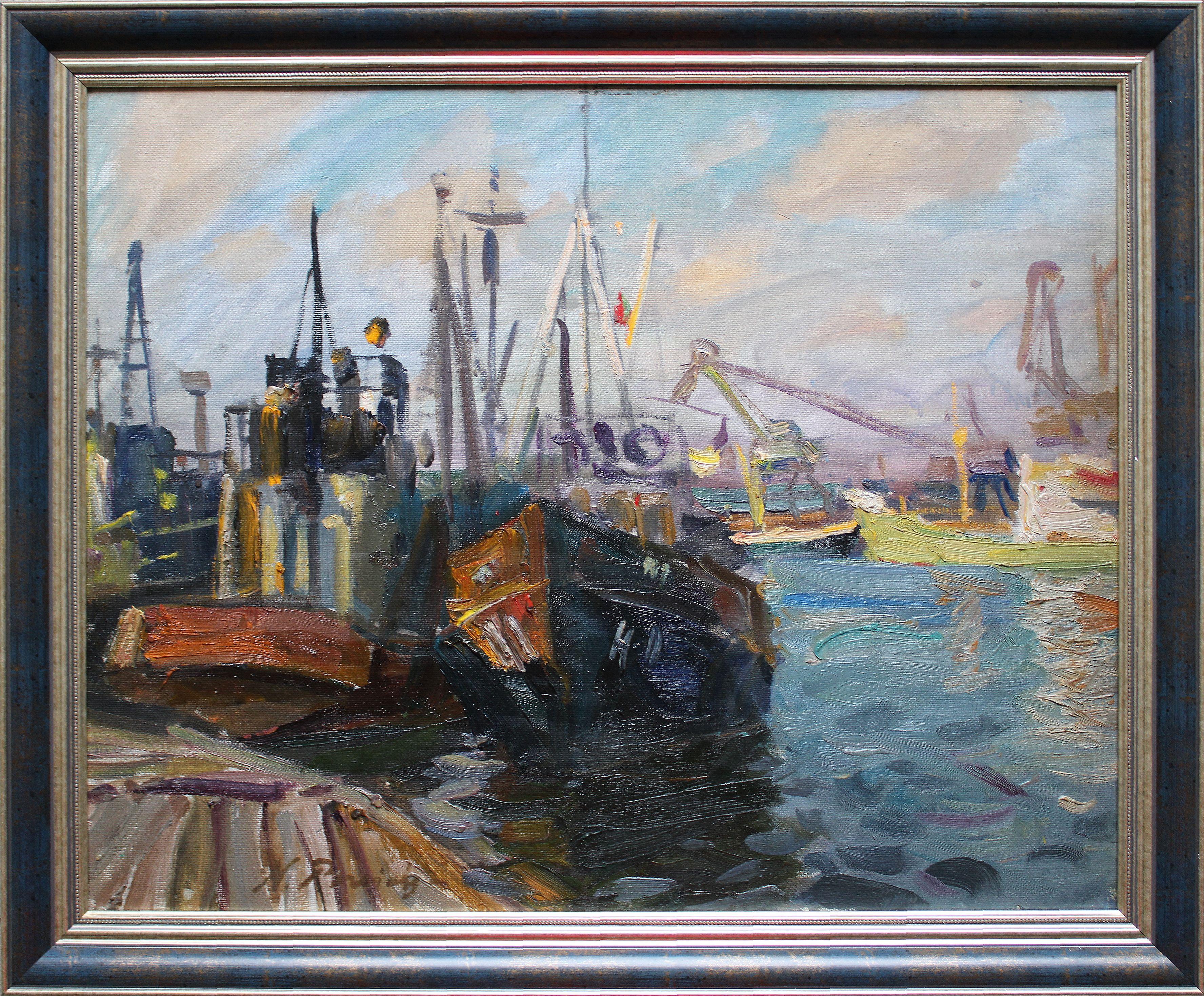 Ships in port  Oil on cardboard, 56, 5x64, 5 cm - Painting by Nikolajs Breikss 