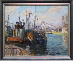 Ships in port  Oil on cardboard, 56, 5x64, 5 cm