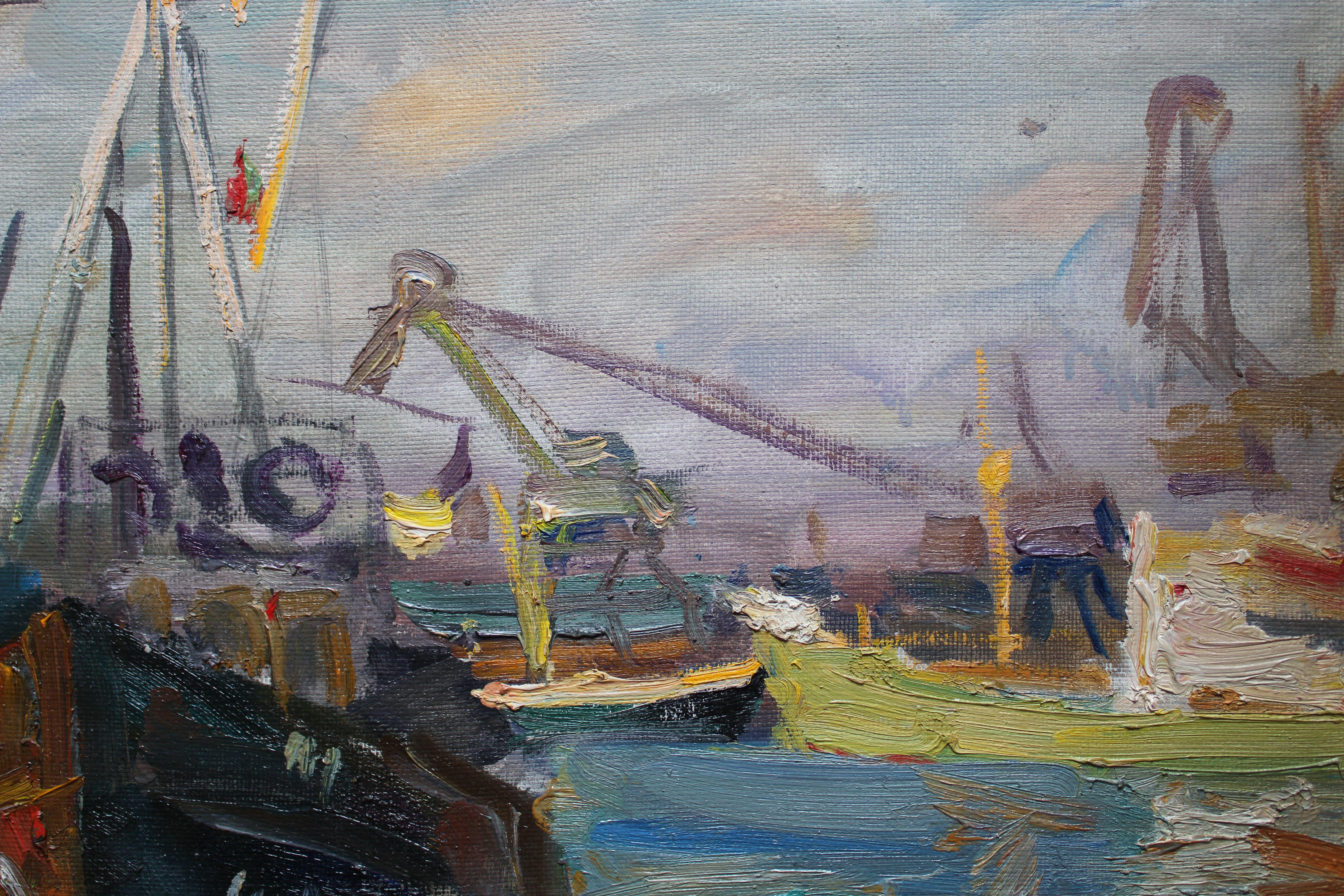 Ships in port  Oil on cardboard, 56, 5x64, 5 cm - Gray Landscape Painting by Nikolajs Breikss 