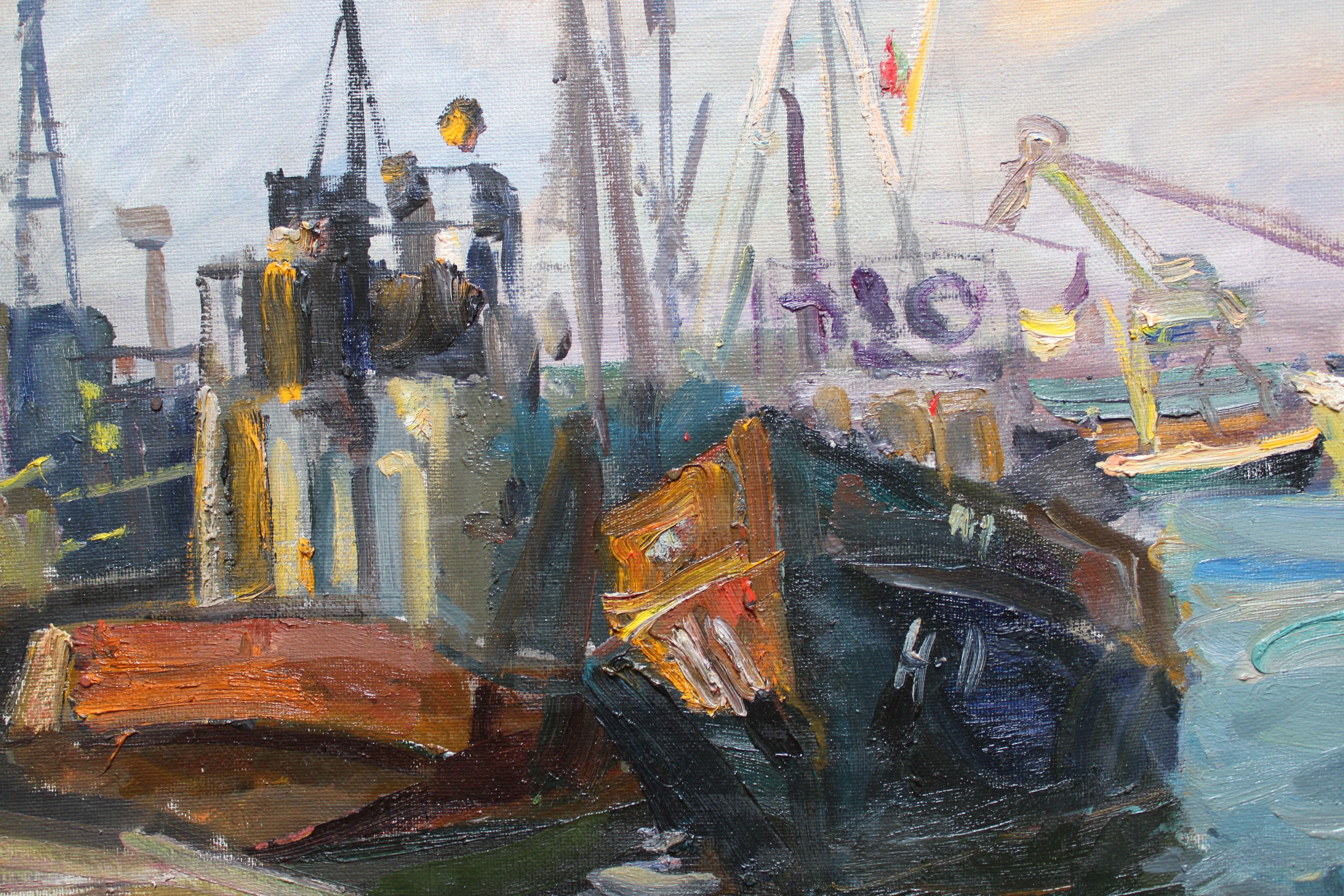 Ships in port. Oil on cardboard, 56,5x64,5 cm

He learned at State Technique of Riga, architecture department.
1937 –Latvian academy of Art, landscape Studio of V. Purvitis, with diploma work “The Village at Keisi”.
He worked as a drawing teacher at