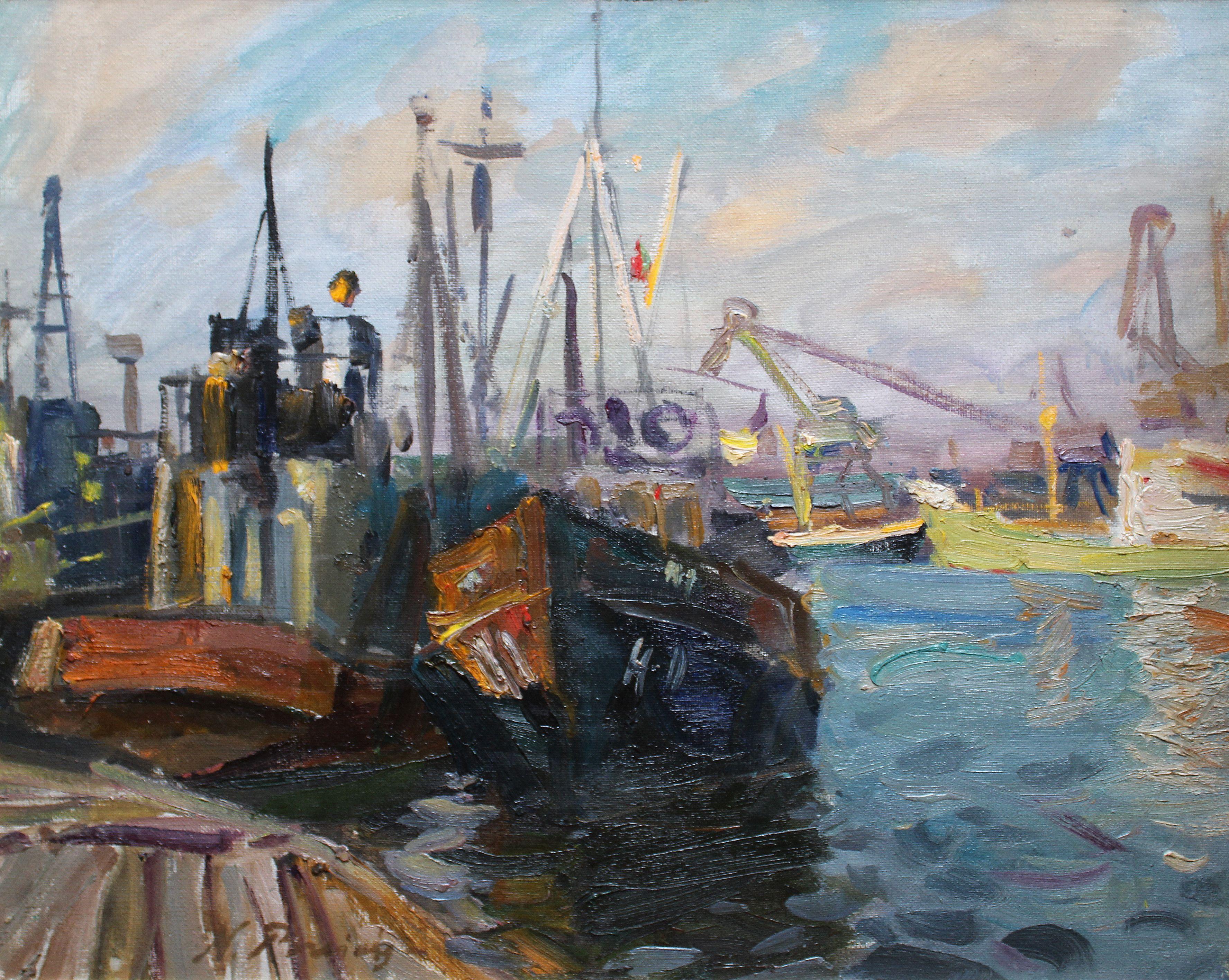 Nikolajs Breikss  Landscape Painting - Ships in port  Oil on cardboard, 56, 5x64, 5 cm