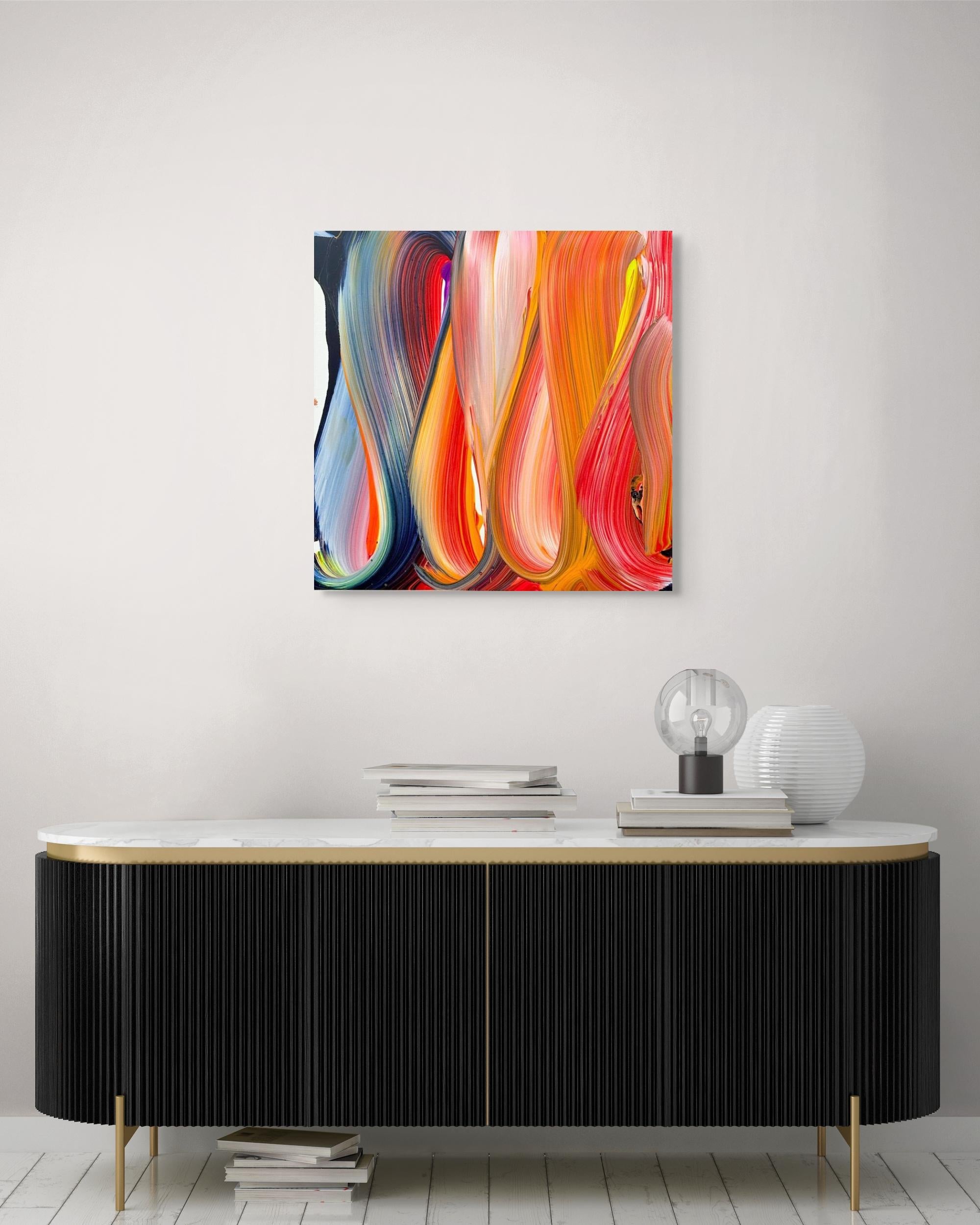 Größe ohne Rahmen: 70 x 70 cm (27,56 x 27,56 in)
Größe einschließlich des Rahmens: 72 x 72 cm (28,35 x 28,35 in)

Der in Barcelona lebende Maler Nikolaos Schizas schafft dynamische abstrakte Gemälde, die mit leuchtenden Farbspritzern strahlen und