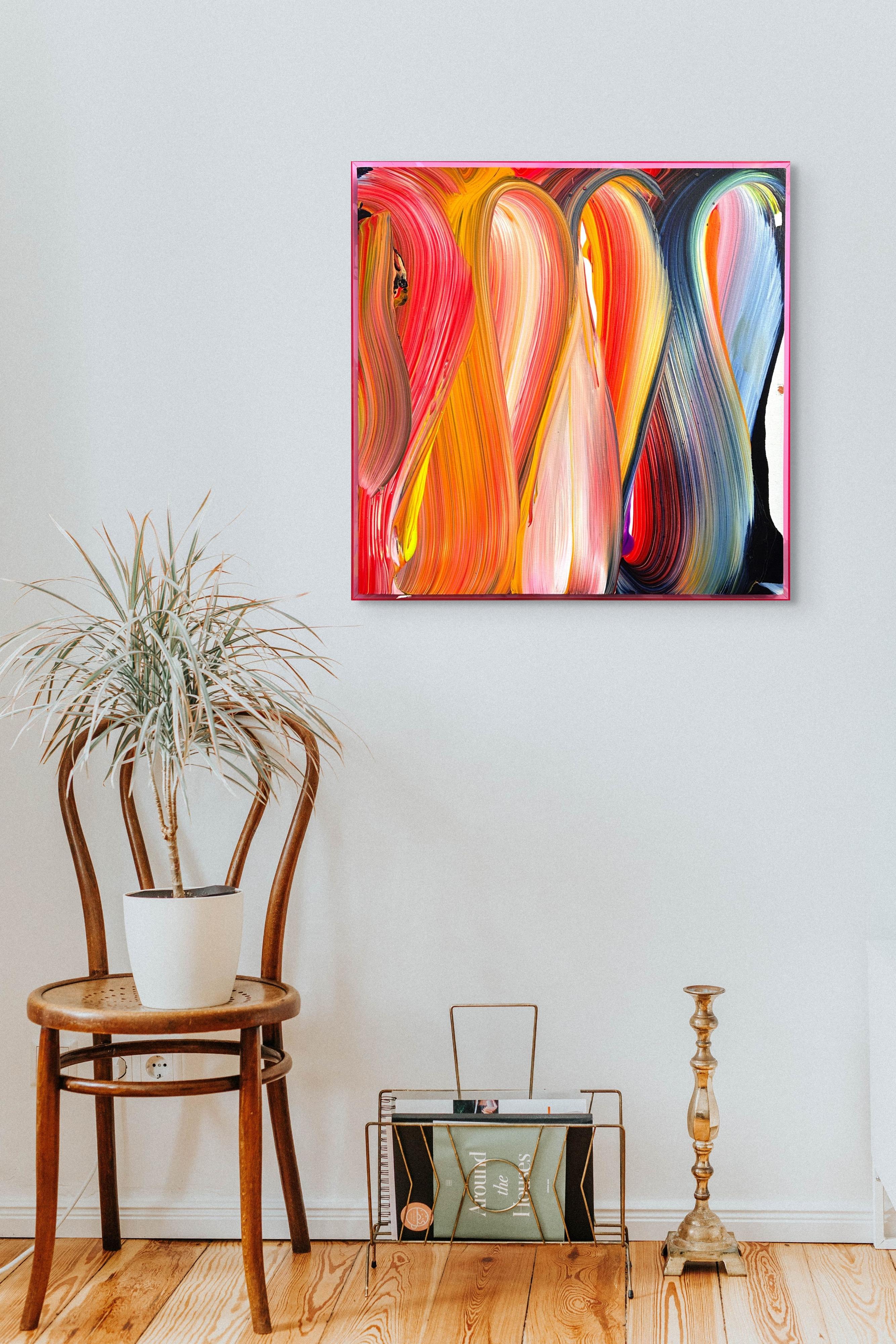 Größe ohne Rahmen: 70 x 70 cm (27,56 x 27,56 in)
Größe einschließlich des Rahmens: 72 x 72 cm (28,35 x 28,35 in)

Der in Barcelona lebende Maler Nikolaos Schizas schafft dynamische abstrakte Gemälde, die mit leuchtenden Farbspritzern strahlen und