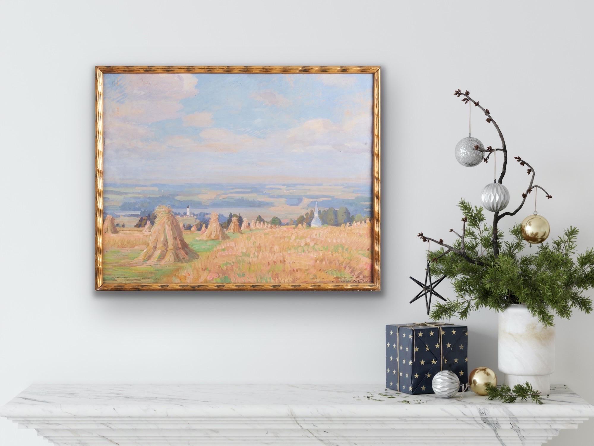 19th century romantic painting - Hay Harvest - Meules dans un paysage - Impressionist Painting by Nikolaus Schmid-Dietenheim