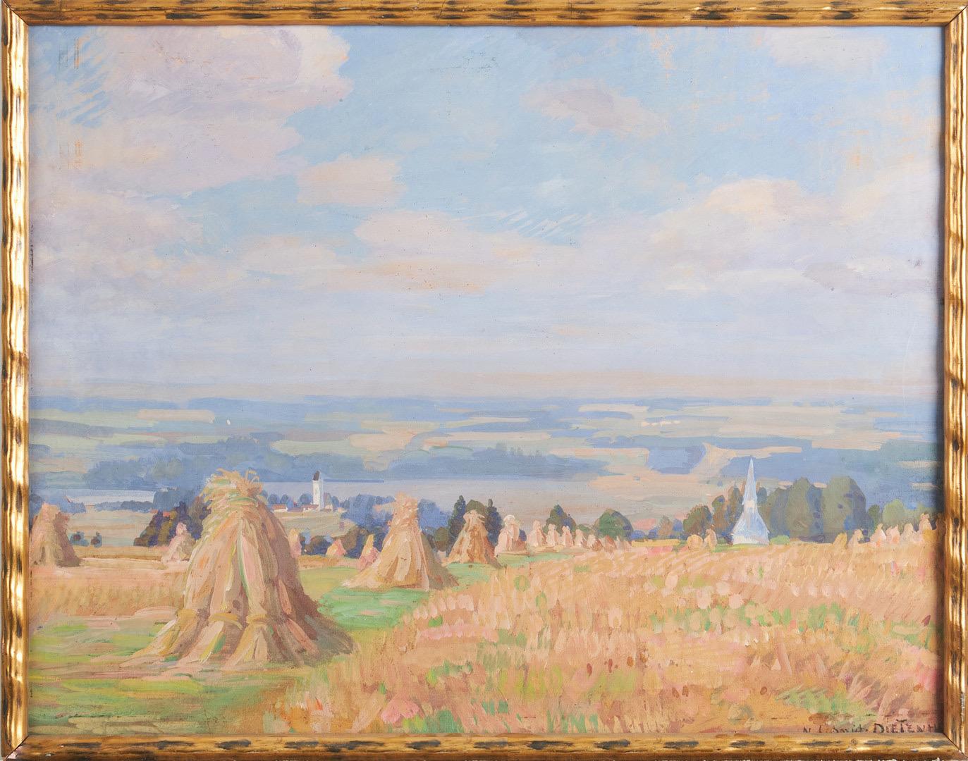 Nikolaus Schmid-Dietenheim Landscape Painting - 19th century romantic painting - Hay Harvest - Meules dans un paysage