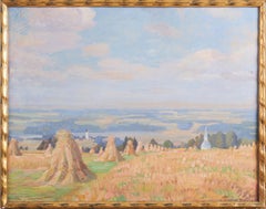 Antique 19th century romantic painting - Hay Harvest - Meules dans un paysage